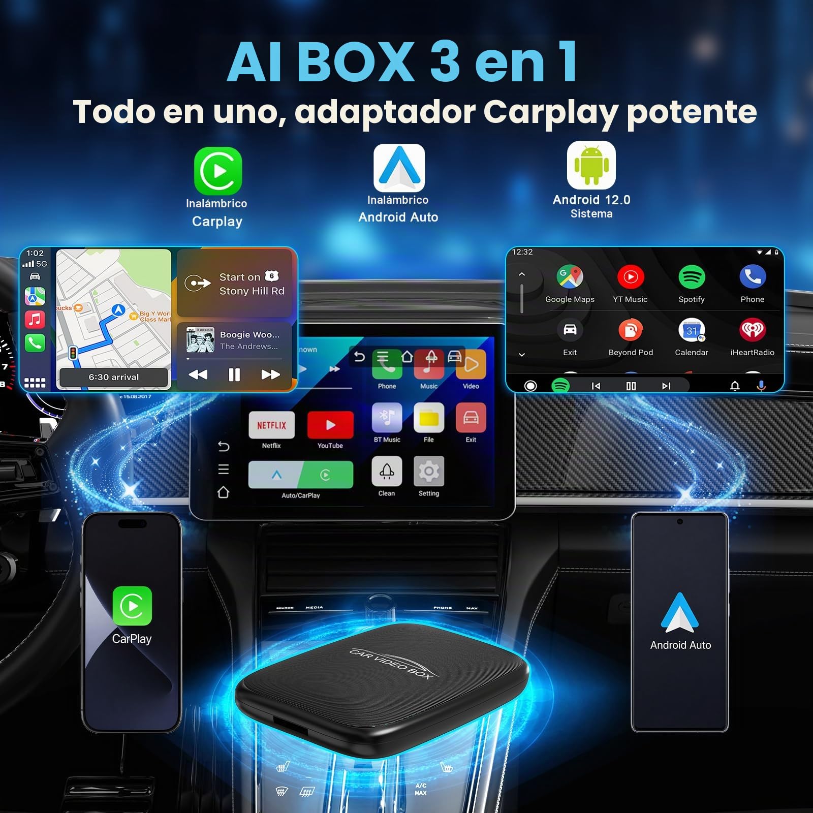 CarPlay AI Box 2026 Upgrade – Adaptador inalámbrico Apple CarPlay y Android Auto, Magic Video Box con Netflix, Soporte para Tarjetas TF, Plug-and-Play Carplay Adapter para iOS 10+ / Android 11+