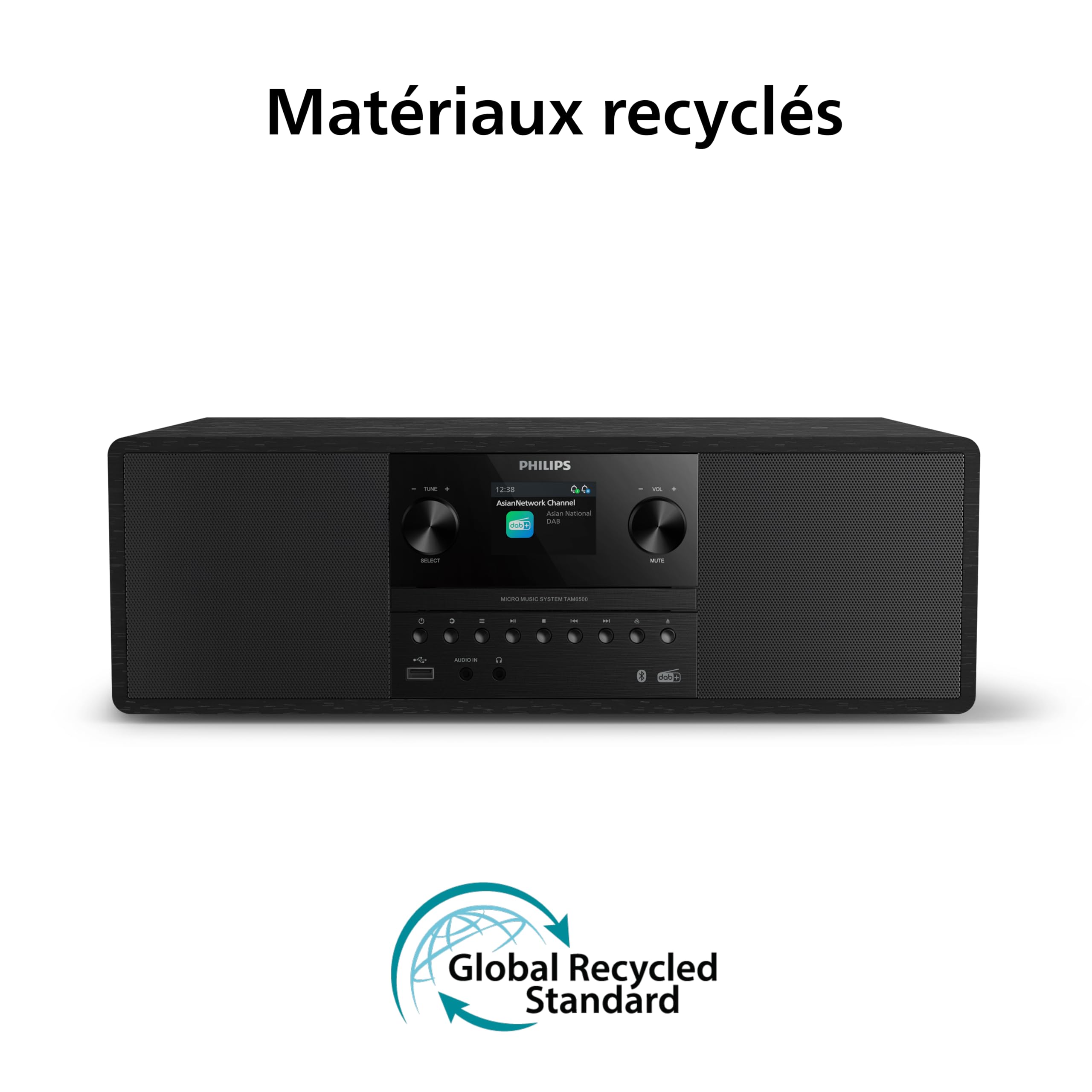 Philips TAM6500/10 Micro‑chaîne Musicale 100 Watts, Bluetooth 6.0, Auracast, Radio Dab+/FM, CD/USB/entrée Audio, Haut‑parleurs Bass‑Reflex, écran Couleur, télécommande, Plastique recyclé, Noir