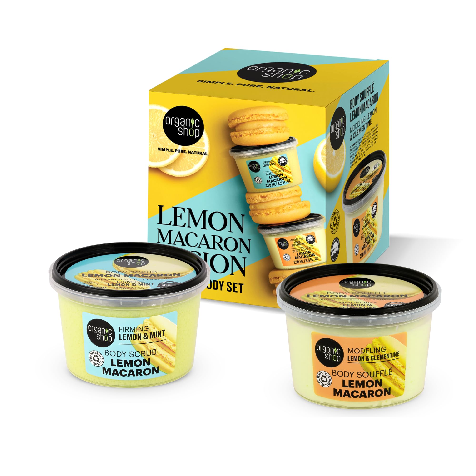 Organic Shop Lemon Macaron Fusion Perfect Body Set with Firming Body Scrub and Modelling Body Souffle, 250ml/250ml