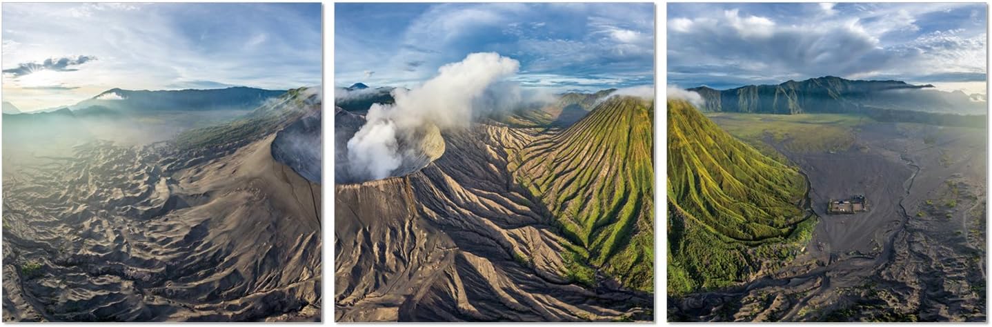 FURINNO Senia 3-Panel MDF Framed Photography Triptych Print, 48" x 16", Gunung Bromo
