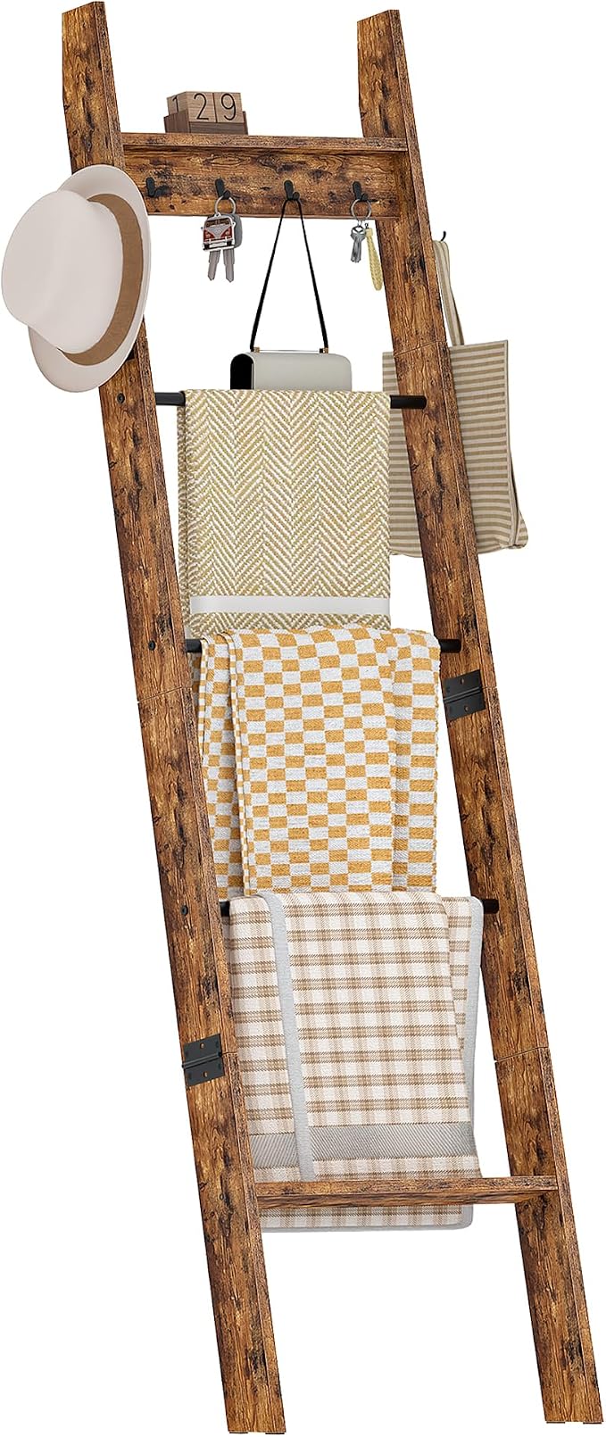 CHOEZON 5-Tier Blanket Ladder, Wooden Blanket Display Rack, Towel Ladder with Hooks, Wall Leaning Display Shelf, for Living Room, Bedroom, Balcony, Rustic Brown and Black MCJ02FG