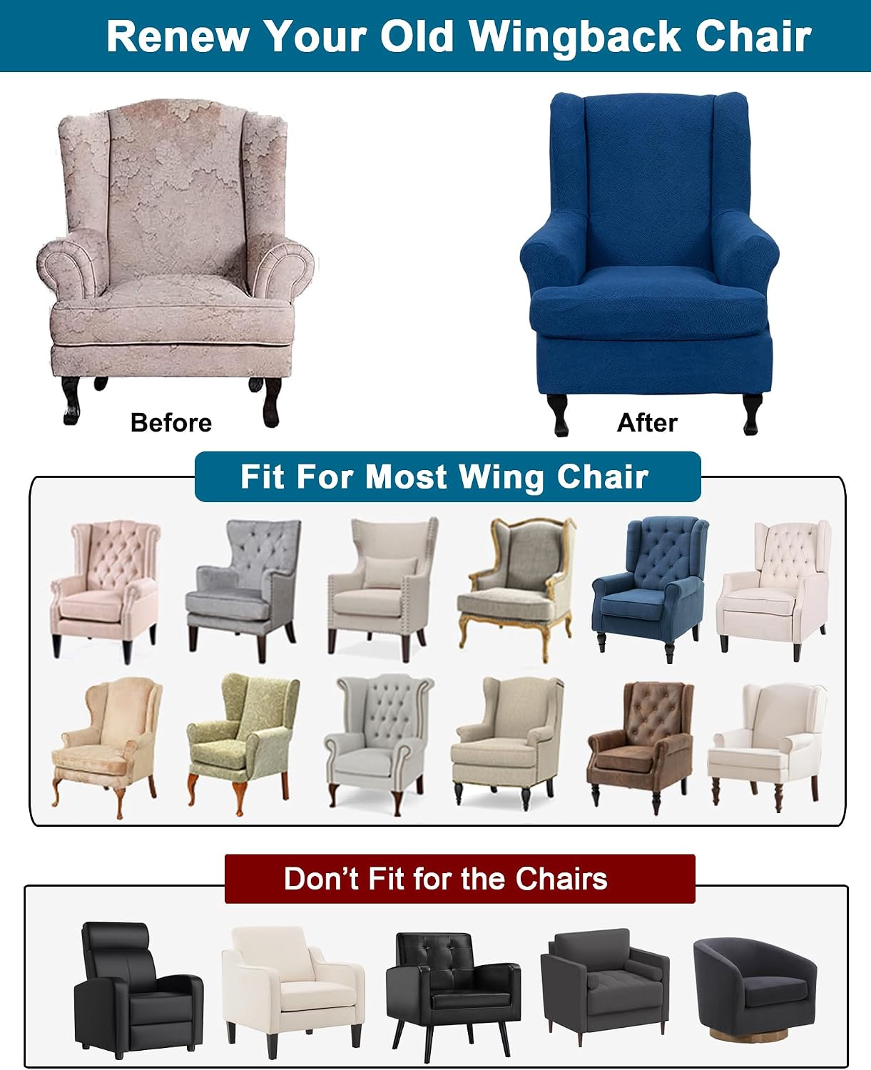 CRFATOP 2 Piece Stretch Wingback Chair Cover Jacquard Wing Chair Slipcovers Spandex Fabric Wingback Armchair Covers with Elastic Bottom for Living Room Bedroom Wingback Chair,C25