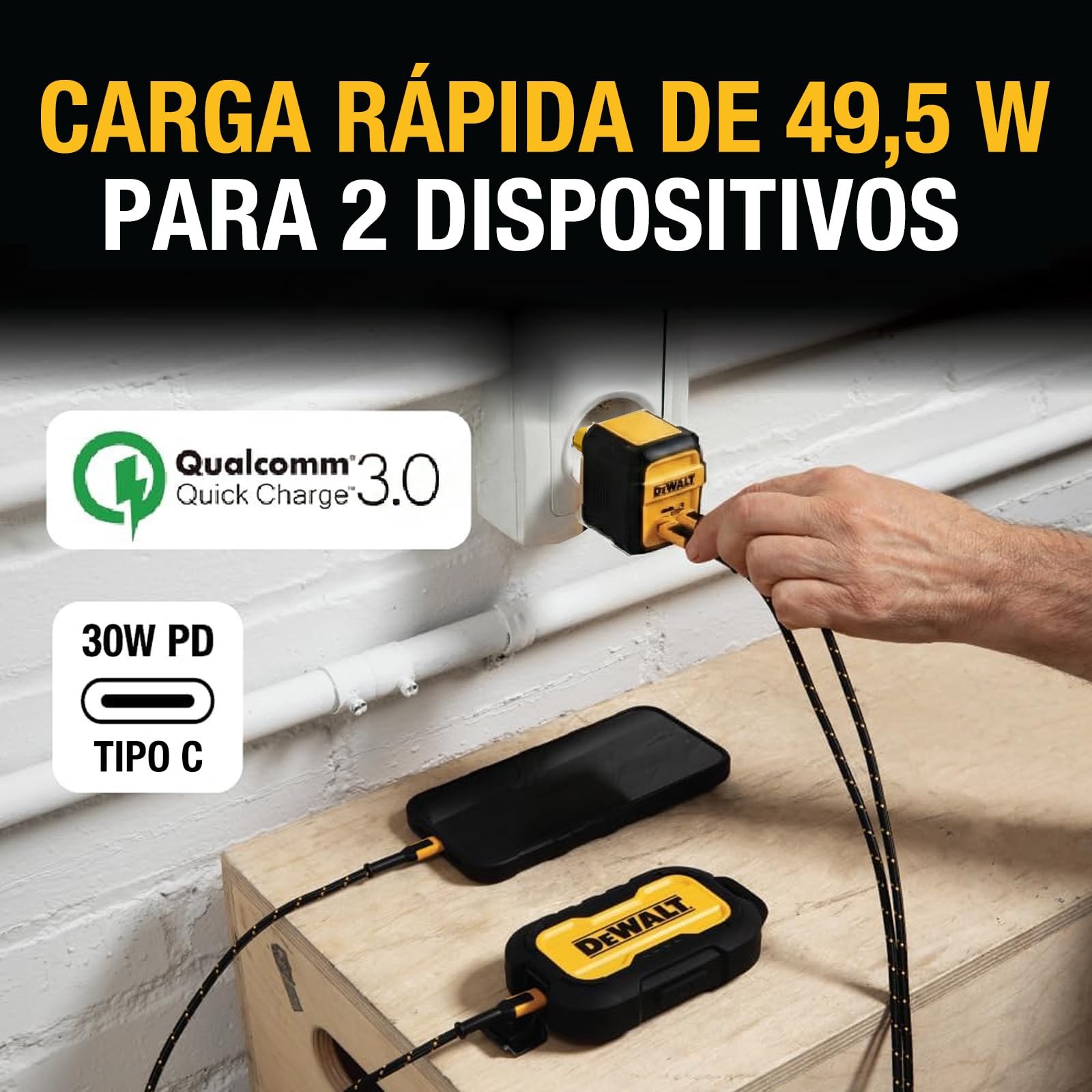 DEWALT Cargador Rápido 49,5W USB-C y USB-A, Adaptador de Pared EU 2 Puertos PD 30W Fast Charger para iPhone 16/15/14, Samsung Galaxy, Google Pixel, iPad, Cargador Compacto (Negro/Amarillo)