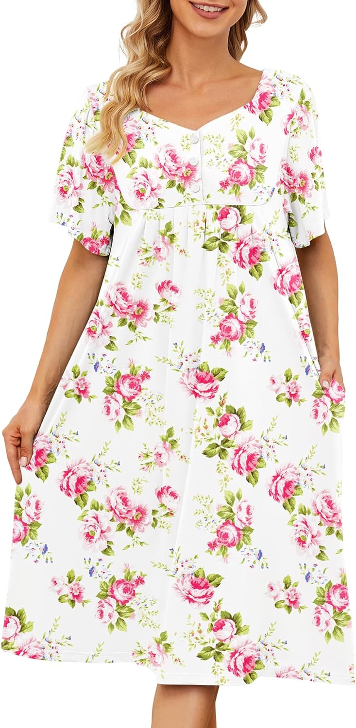 House Dresses for Women with Pockets Moo Moo Nightgown Short Sleeve Mumu Dress Lounge Dress S-5XL