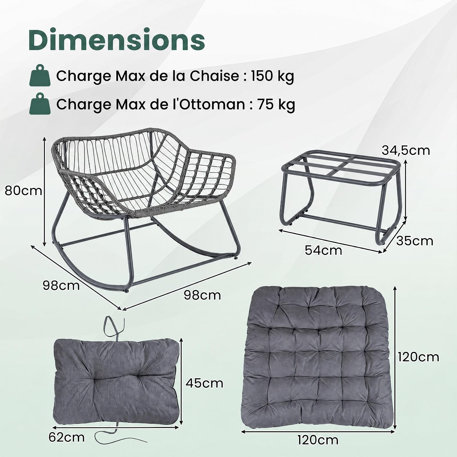 SOARS Fauteuil a Bascule en Rotin PE avec Repose-Pieds, Chaise a Bascule Surdimensionné avec Coussin Rembourré, Cadre en Métal, Charge 150KG, Rocking Chair en Forme d’Œuf Salon Jardin Balcon (Gris)