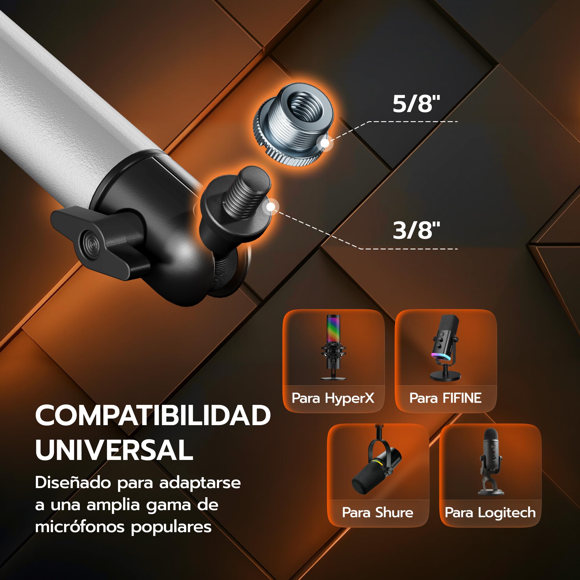 ARES WING Brazo de micrófono para videojuegos con luz RGB | soporte para micrófono con brazo giratorio giratorio de 360°, compatible con adaptador de 3/8" a 5/8", ideal para podcast
