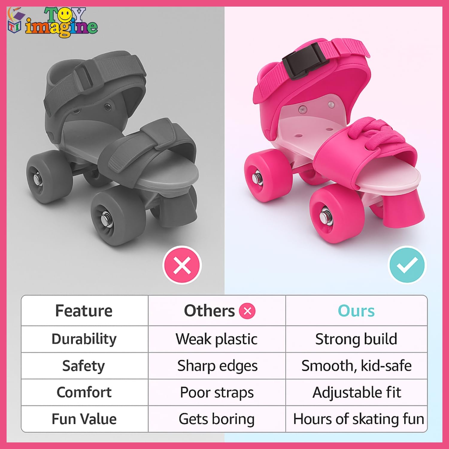 Toy Imagine Adjustable Inline Roller Skates for Kids Girls Age 4–12 | Beginner-Friendly Skating Shoes with Front Brake & Polyurethane Wheels | Skates for Boys & Girls 4+ Years (Pink, Size 5–12 UK) 4