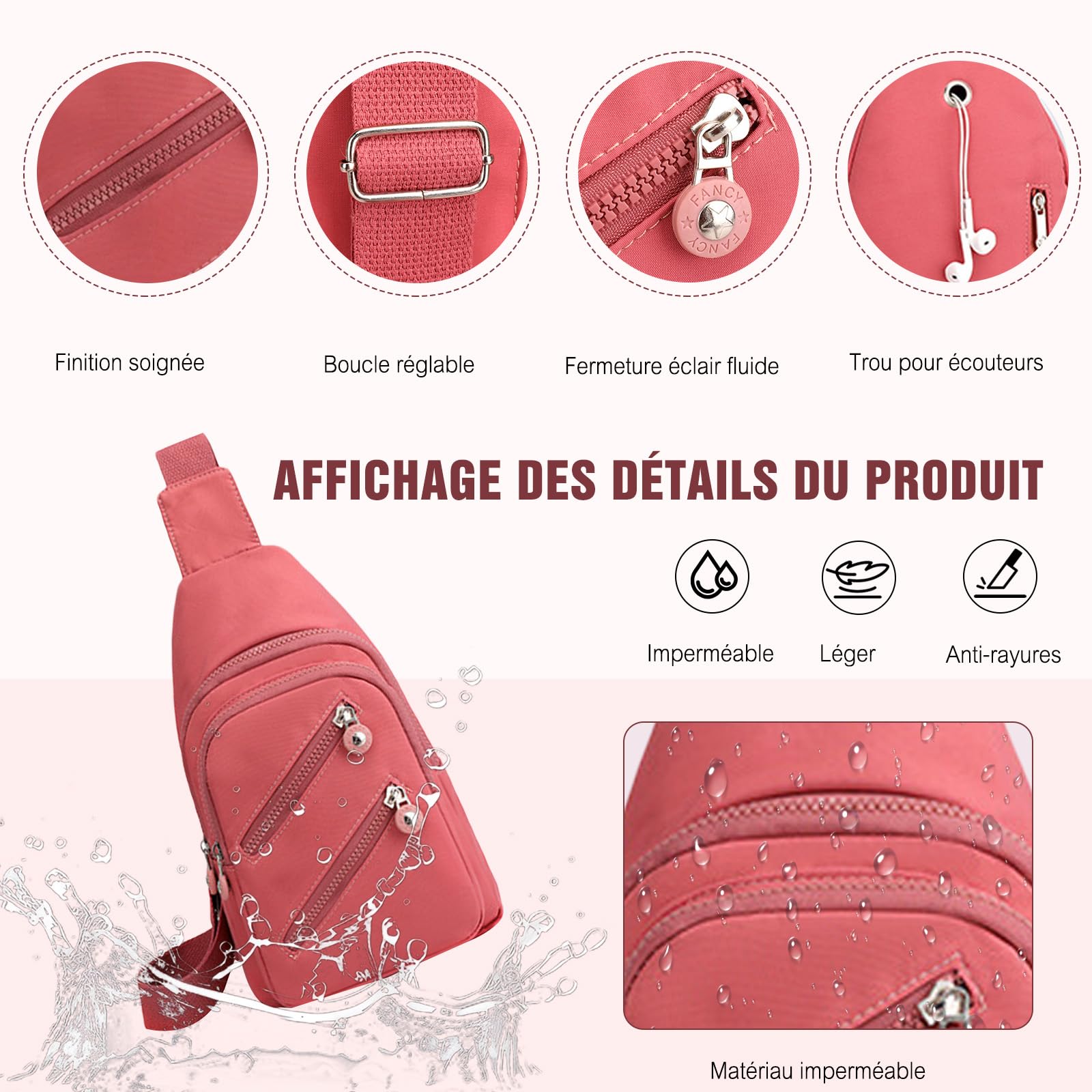 FANDARE Sac à poitrine Femme Bandoulière Sacoche traversante avec trou pour écouteurs Sac messager Outdoor