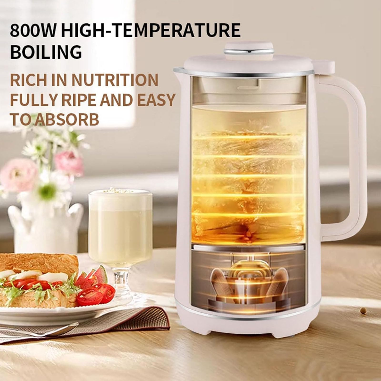 Macchina per Latte di Soia 800W, Macchina per Latte di Soia Elettrica da 1,2Litri con Timer Intelligente 12 Ore e 8 Funzioni, Macchina per Latte Vegetale Completamente Automatica per Mandorle, Avena
