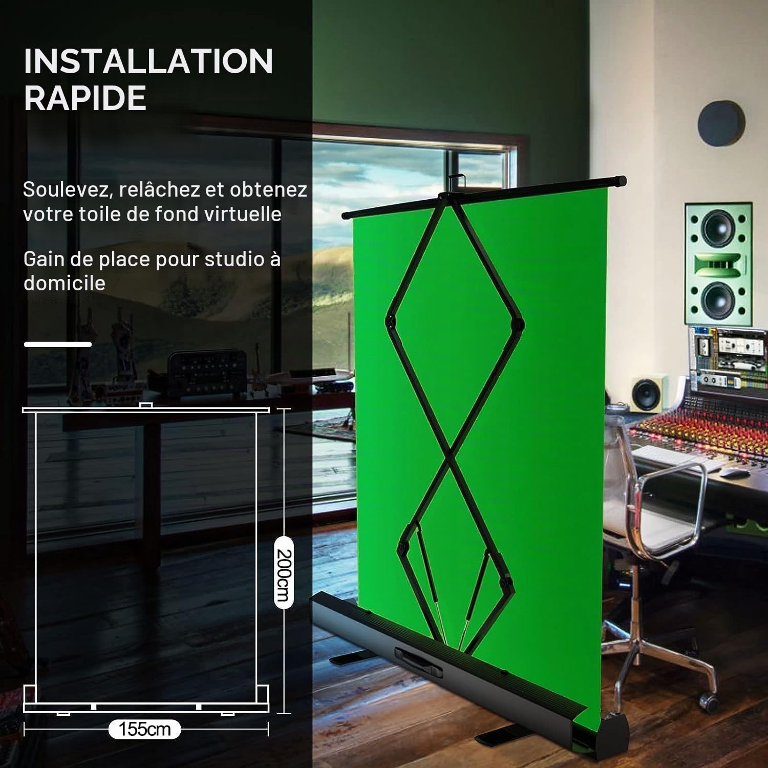 EMART Green Screen 155x200cm, Fond Vert Photo, Greenscreen Roll up Panel | Fond Vert Retractable, Studio Photo, Streaming, Vidéoconférence, TikTok, Zoom