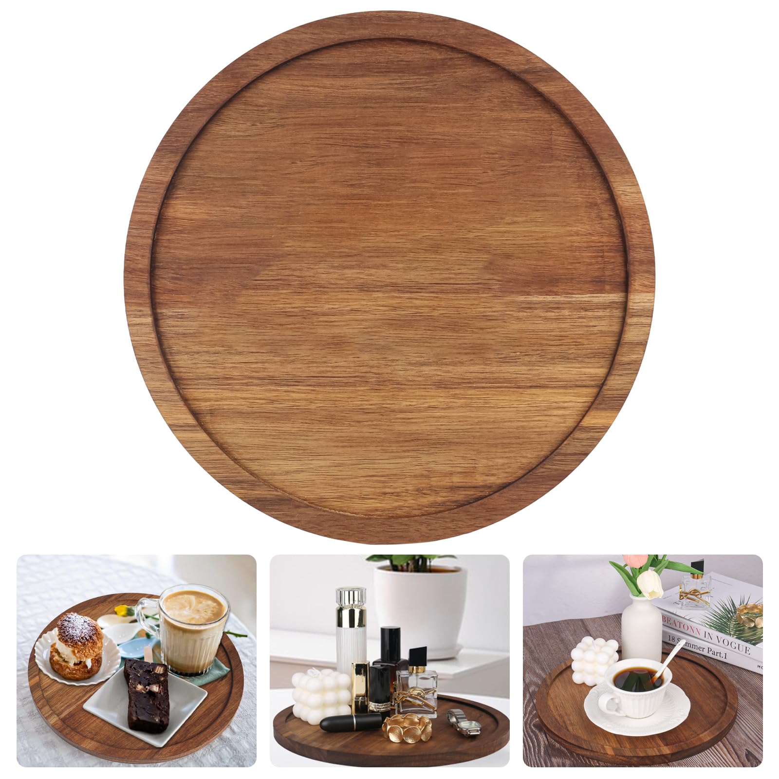 YYTECH Large Round Wooden Serving Tray, 30cm Acacia Wood, Decorative Serving Tray, Wooden Serving Platter for Drinks, Coffee, Keys, Jewelry, and Cosmetics