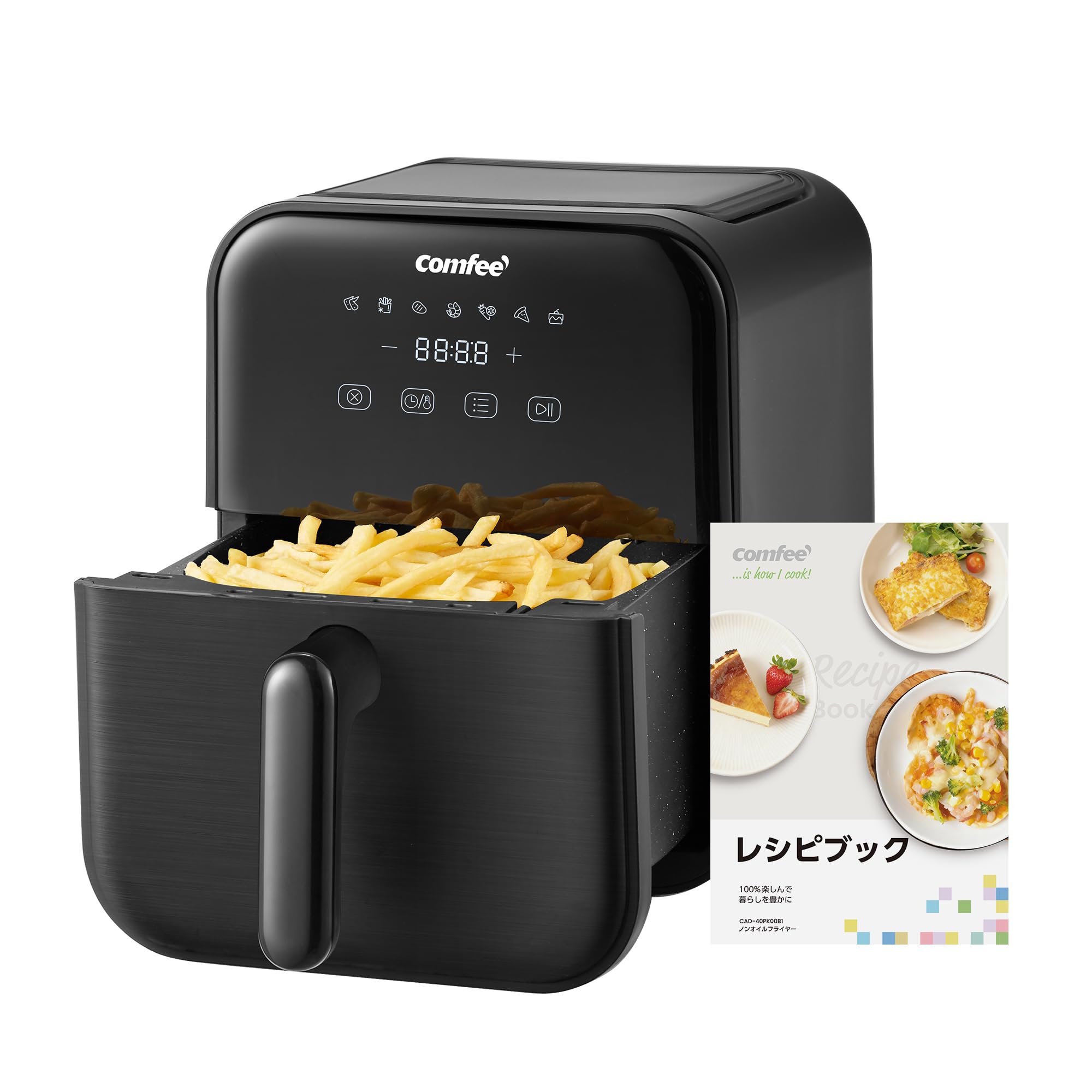 Comfee' ノンフライヤー 4L 大容量 ノンオイル 電子レシピ付き 電気 エアフライヤー 揚げ物 ポテト 7つのメニュー設定 家庭用 タイマー 温度調節 自動電源オフ 自動調理 LEDディスプレイ PSE認証済 ブラック