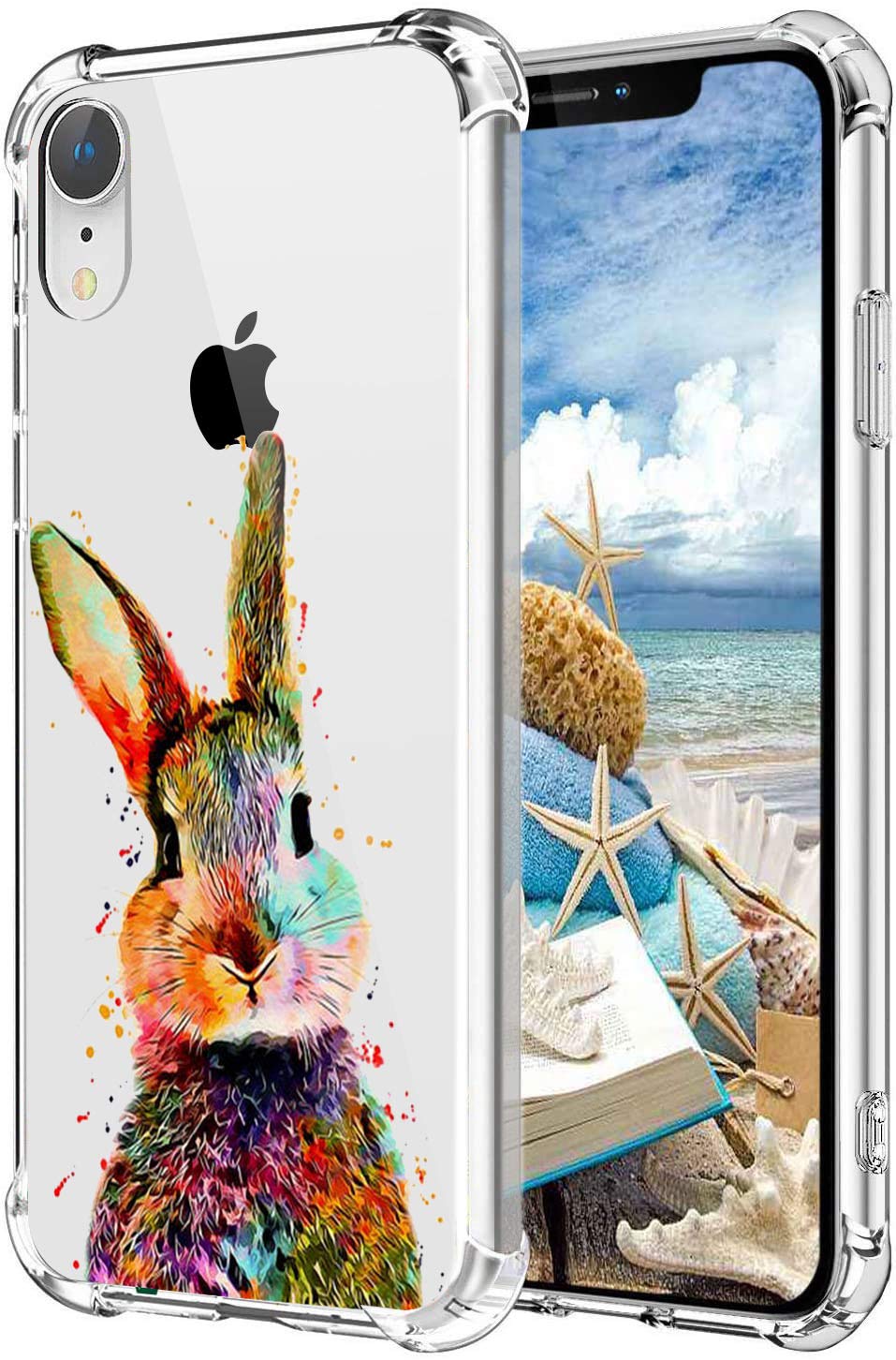 MAYCARI Multicolored Bunny Case Clear for iPhone 7/8/SE 2020, Art Rabbit Design Transparent Shockproof Anti-Scratch Soft Flexible TPU Cover with Air Cushion for Men&Women