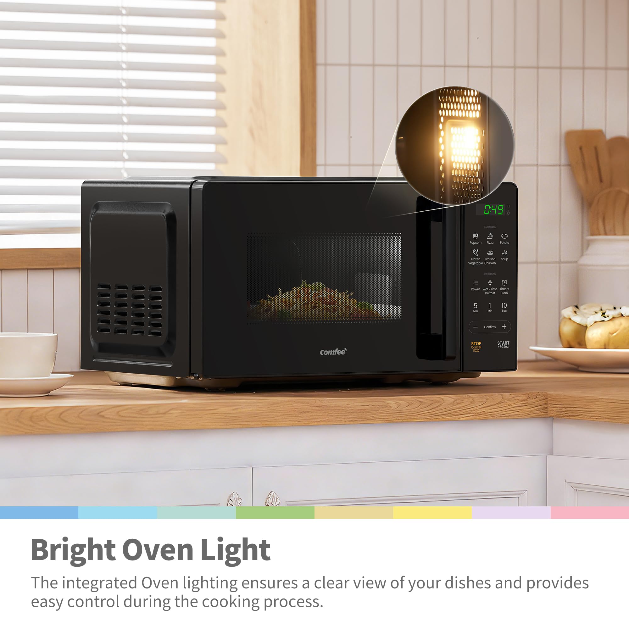 COMFEE' 20L Digital Microwave Oven, 700W Compact Countertop Microwave with Inverter, 6 Auto Menus, Multi-Stage Cooking, ECO Mode, Express Cook, Black - CMO-EM202NF(BK) — view 9