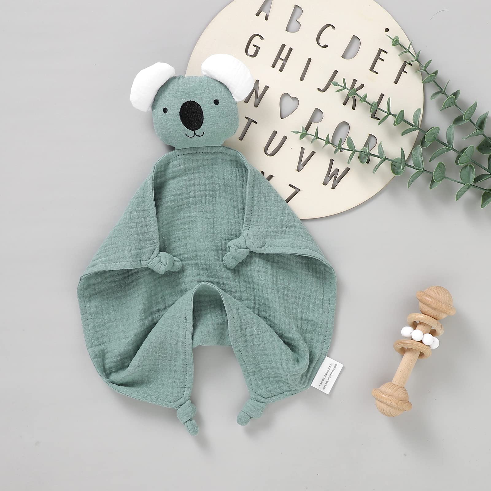 LAWKUL Baby Security Blanket Newborn Muslin Organic Cotton Babe Comforts Soft Infant Lovey for Boy Girl 40x40cm Koala Green - Image 2