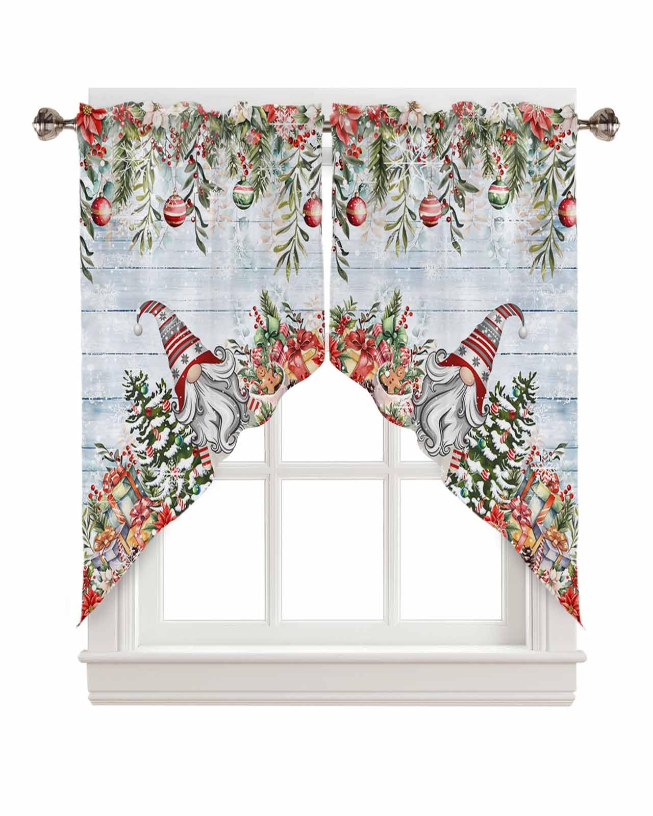 Christmas Cute Gnome Curtain Valance for Window, Farmhouse Swag Curtains, Xmas Eucalyptus Wood Grain Valance for Kitchen Bathroom Bedroom, Rod Pocket Window Panels Over Sink 28" W x 36" L, Set of 2