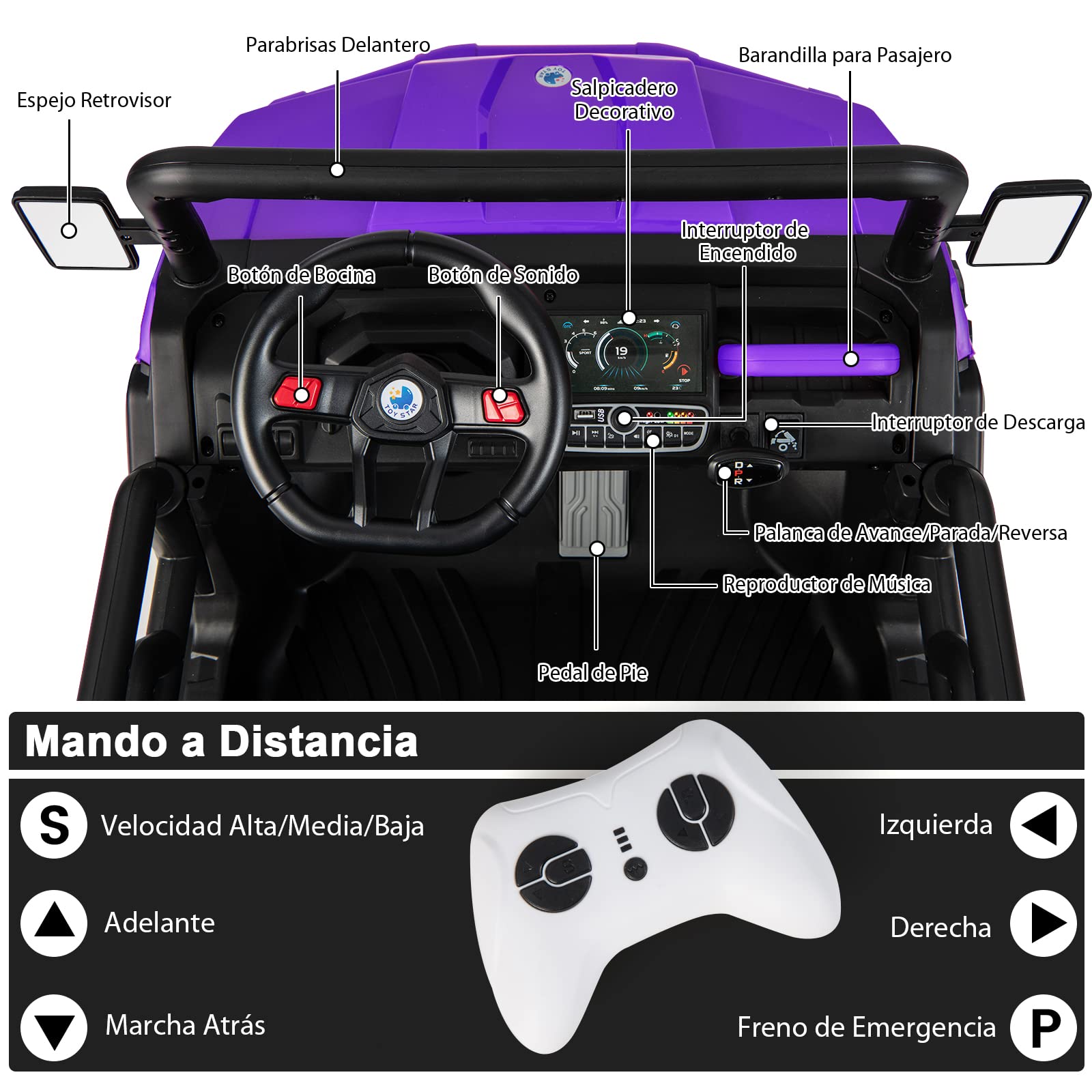 COSTWAY 12V UTV Coche Eléctrico para Niños con 2 Plazas, Vehículo Todoterreno Eléctrico con Volquete, Control Remoto, Música, USB, Vehículo Utilitario para Niños (Morado)