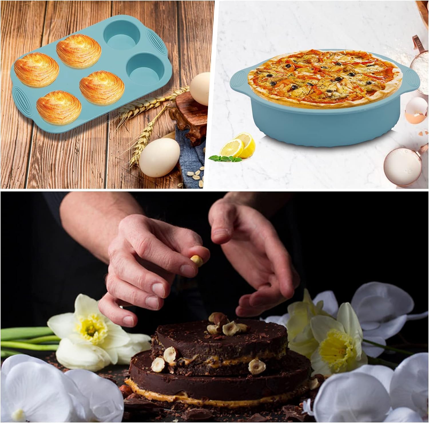 5 szt. Zestaw silikonowych naczyń do pieczenia Formy do pieczenia z powłoką nieprzywierającą Zestaw foremek do ciast do pieczenia, w tym 6 foremek do muffinów, blacha do pieczenia ciasteczek, forma do