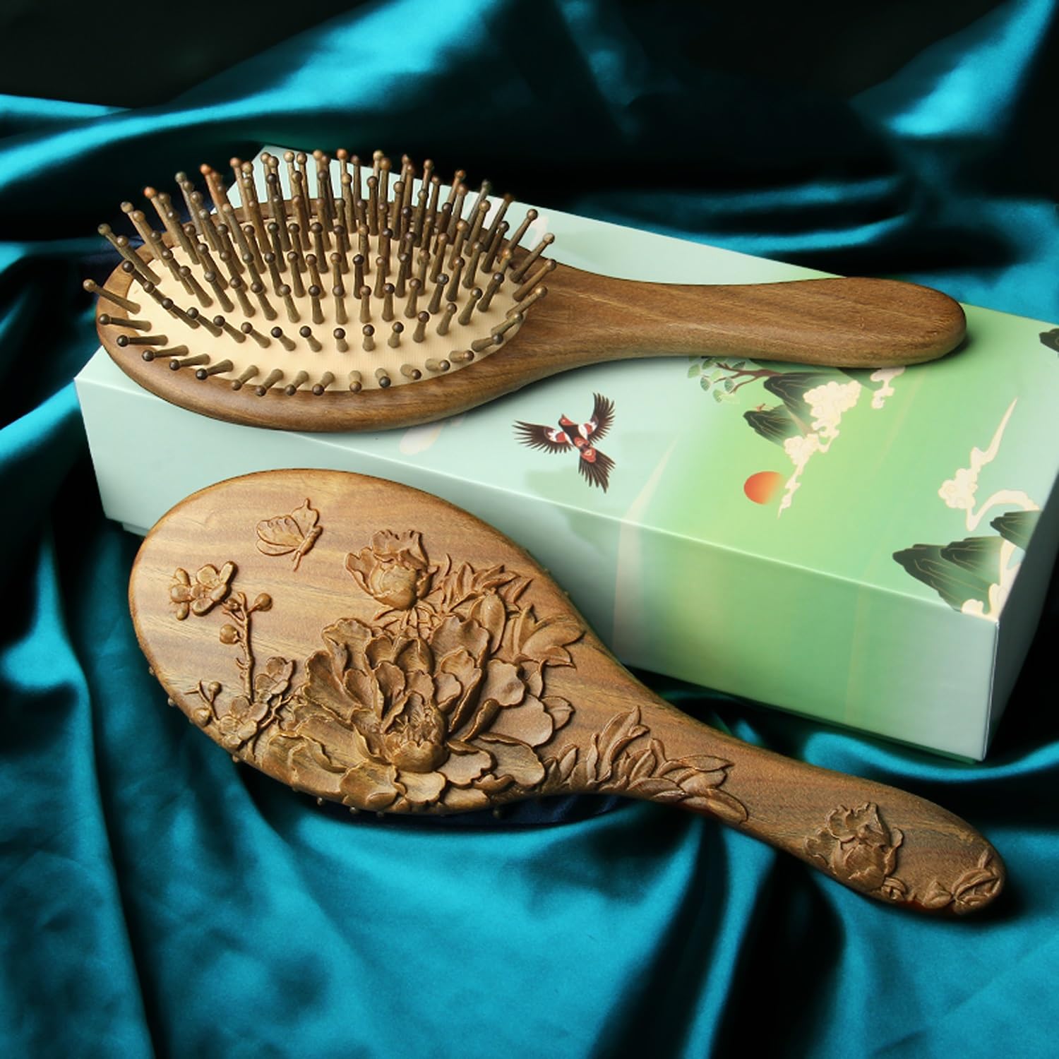 Spazzola per Capelli, Pettine Ovale in Legno per Massaggio con Intaglio di Fiori di peonia, Spazzola per Capelli antistatica districante con Cuscino d'Aria massaggiante
