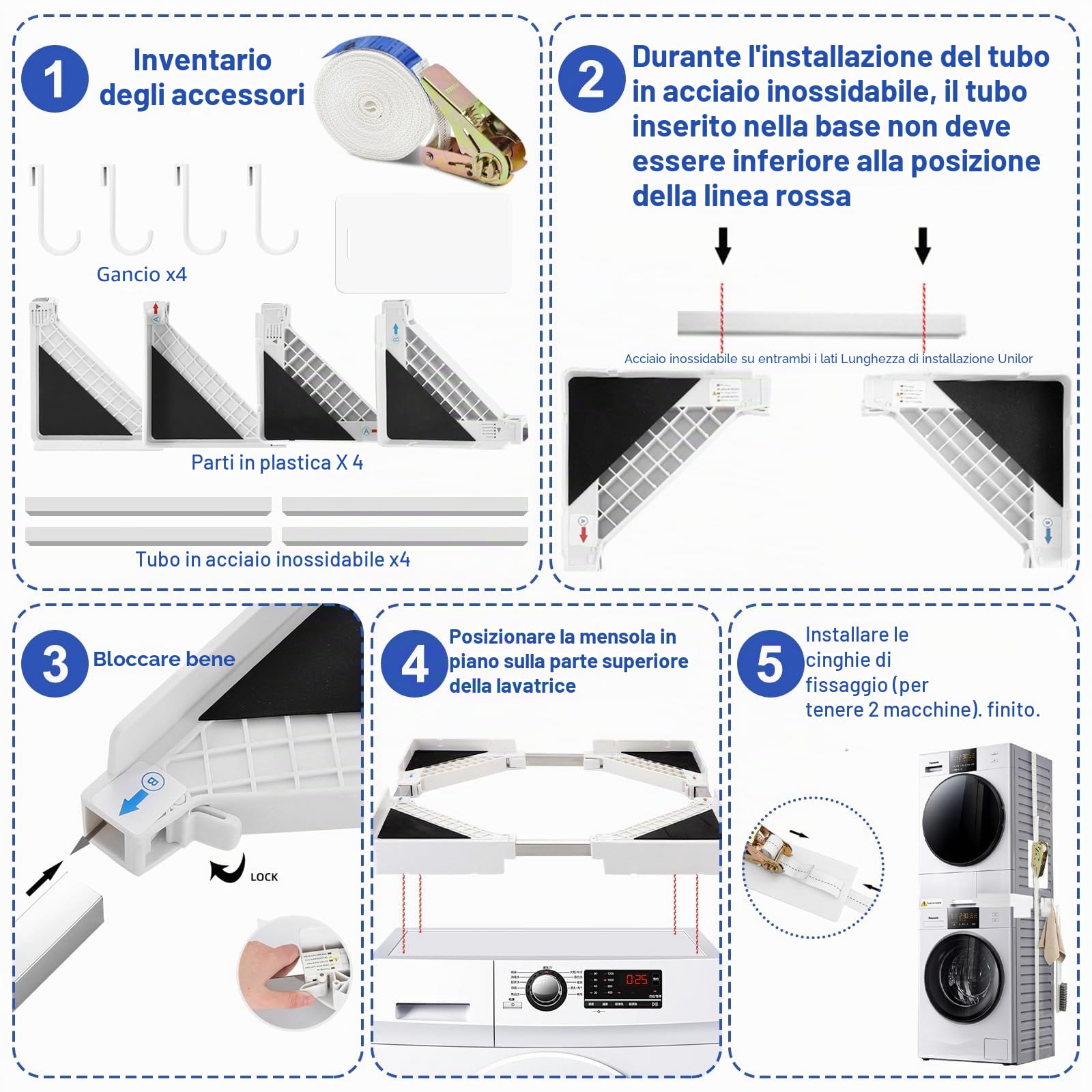 Kit Sovrapposizione Universale per Lavatrice Asciugatrice, Supporto Asciugatrice Sopra Lavatrice con 8 Cuscinetti Antivibranti e 1 Corde a Cricchetto, Telaio Intermedio Regolabile 44.5-70 CM