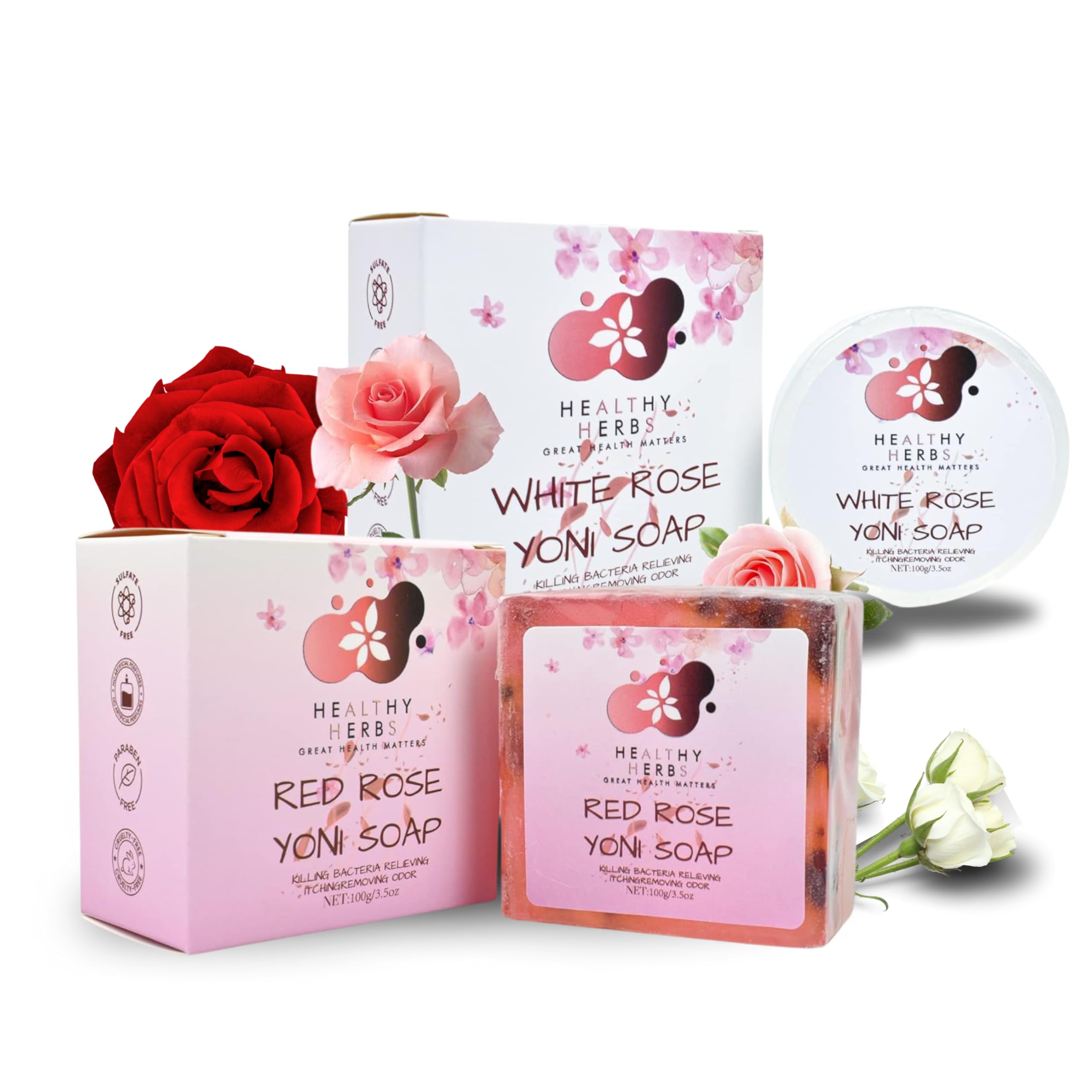 Yoni Feminine Care Soap Bundle Red Rose White Rose Natural Organic Herbs for Intimate Hygiene pH Balance Odor