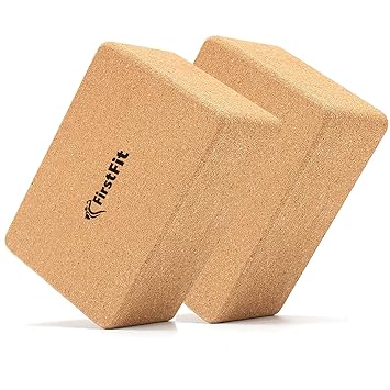 FirstFit Yoga Block, Non-Slip & Supra Grip Natural Cork Yoga Brick, Regular & Handstand Block, Wrist Support Wedge/Calf Stretch Wedge, Exercise Accessories for Women & Men-Size(23 x 13 x 8 cm) Pack 2