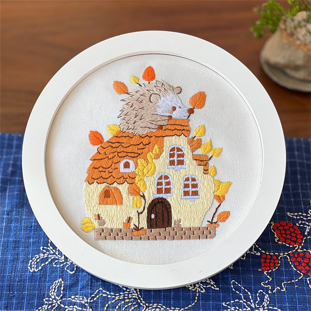 Meecaa Hedgehog House Embroidery Kit Starter Set, Hand Embroidery Set,Pattern Printed Cross Stitch Set for Beginner Adults, with Embroidery Hoop and Instructions (Hedgehog)