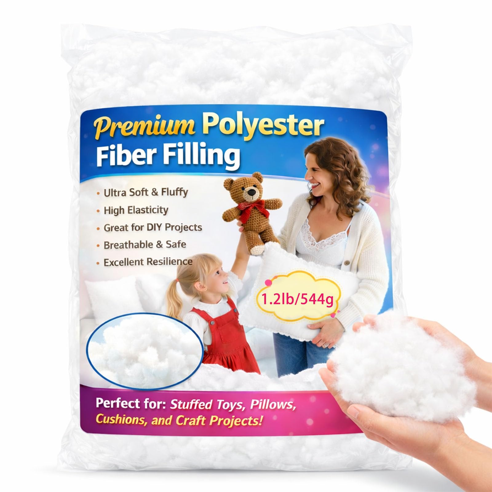 - Premium Polyester Fiber Filling 1.2lbs/19.2oz White Polyfill Stuffing,Soft and Comfortable,Stuffing for DIY Stuffed Animals,Pillows,Cushions,Cloud Decoration,Crafts,Machine Washable