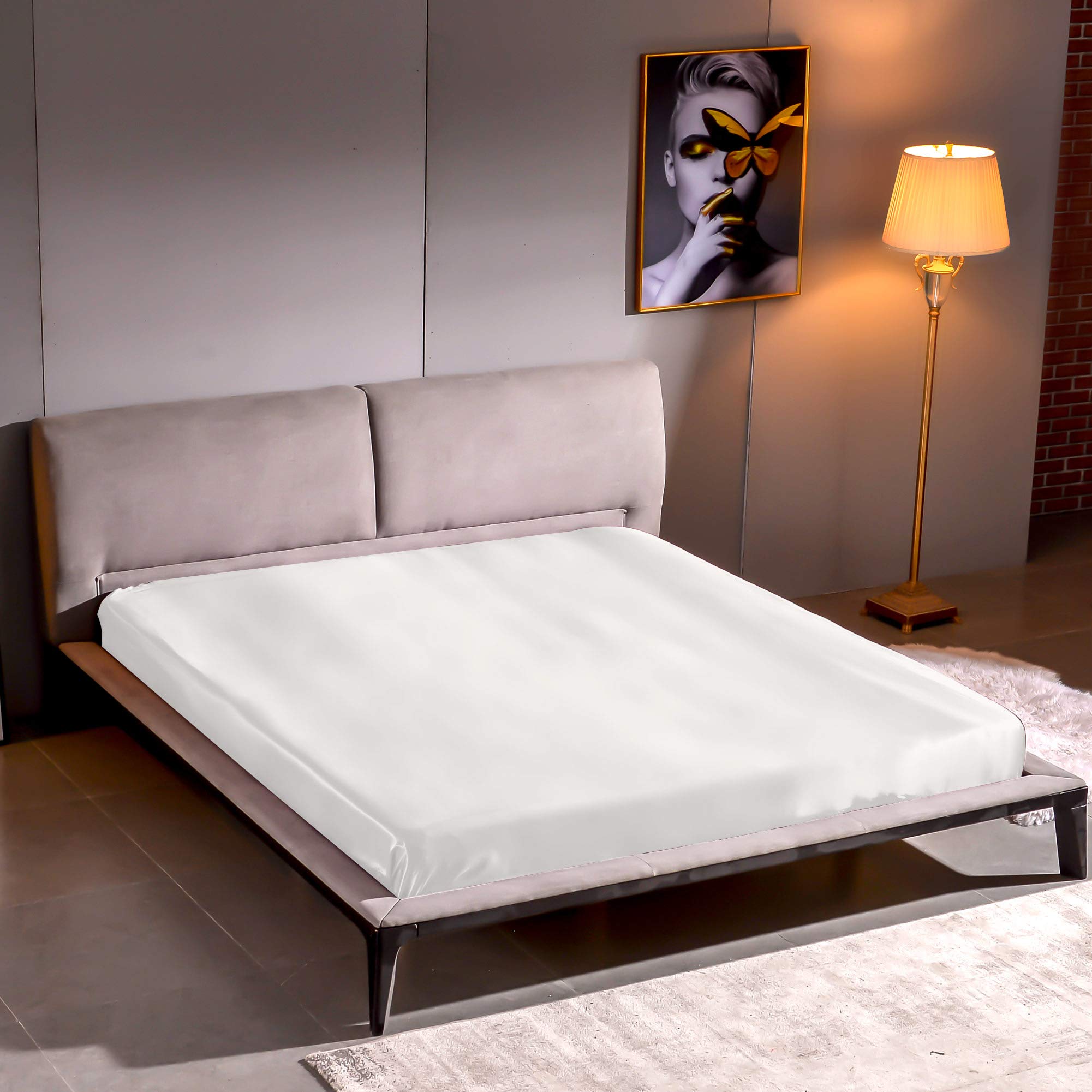 THXSILK Spannbettlaken Seide Bettlaken 200x220, 100% Reine 22 Momme Maulbeerseide Bettwäsche Spannbetttuch, Weiß Seiden Bettlaken für Standardmatratze 30cm