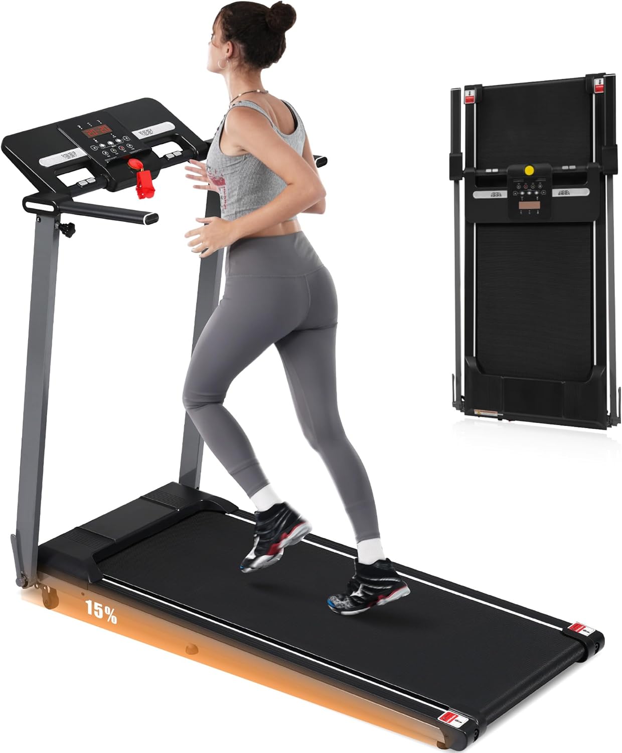 Merax Treadmill with 15% Incline, 3.0HP Compact Foldable Treadmills for Home Small,7.5MPH Walking Pad with Handle Bar, 300 LBS Capacity Walking Pad Treadmills with Bluetooth and Heart Rate Sensors