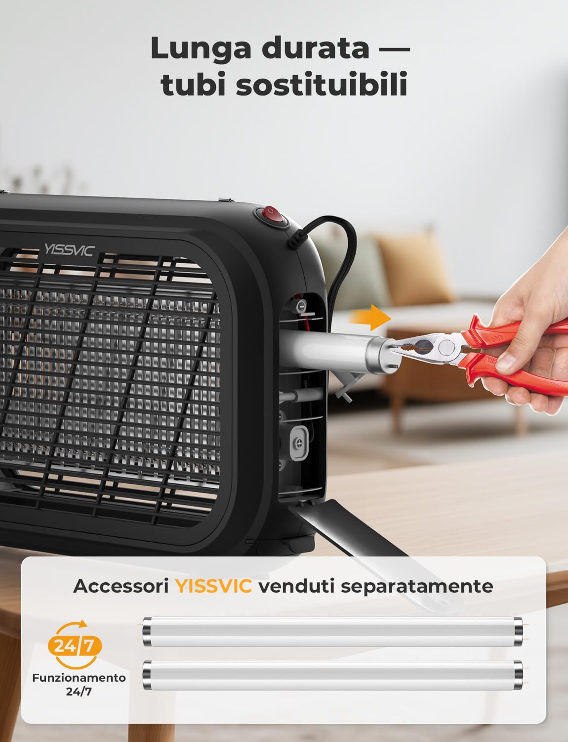 YISSVIC Lampada Antizanzare 20W UV Zanzariera Elettrica con Griglia Elettrica a Doppia Faccia,Cassetto Estraibile, Manico in Pelle PU, Sicuro per Uomini e Animali, Uso Interno, Cavo 1.8m