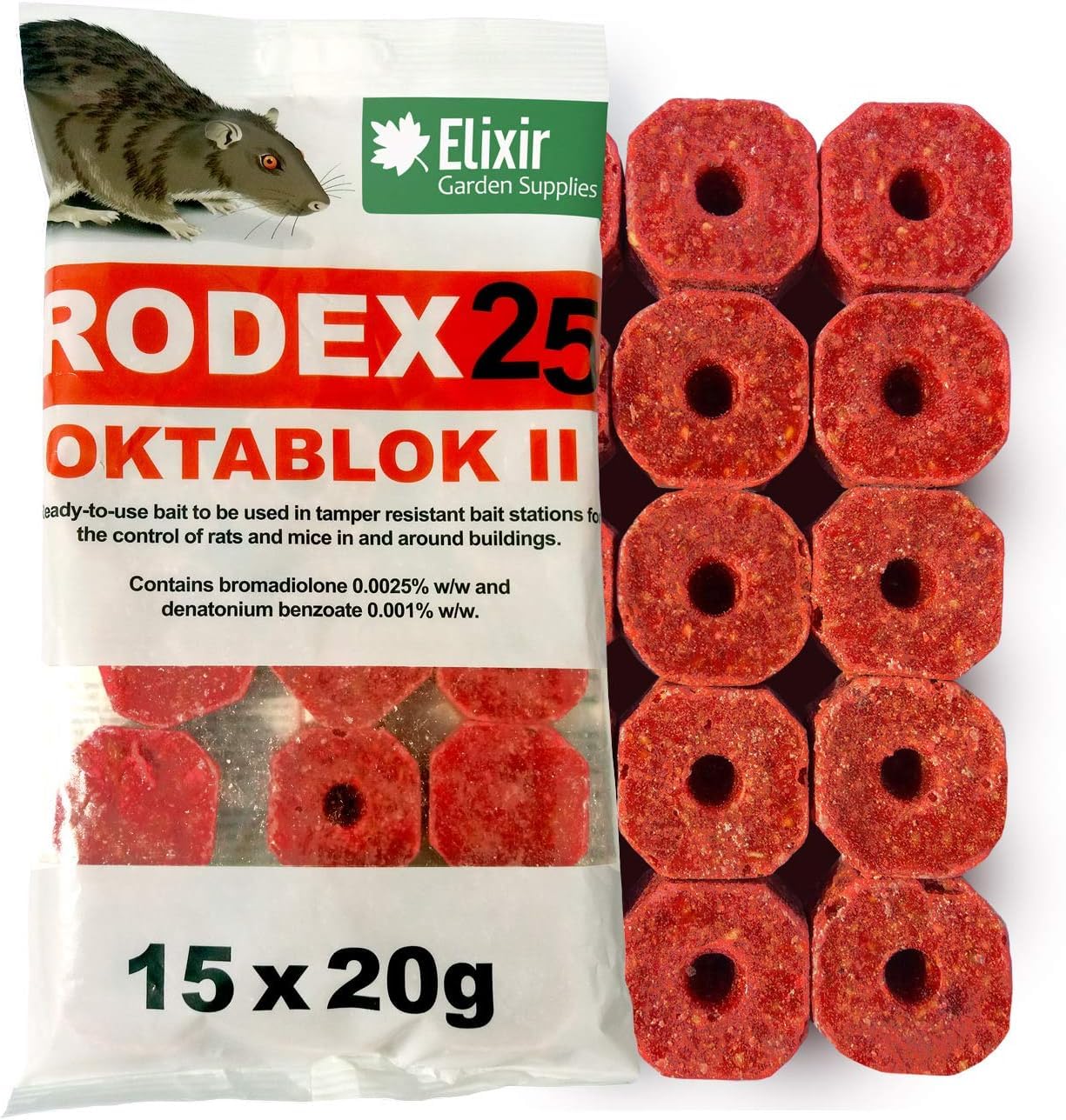 Elixir Gardens | RODEX25 Oktablok II Rat and Mouse Poison Bait Maximum Strength | 15 x 20g | Weather Resistant Wax Block Kills In One Feed | 15 x packet