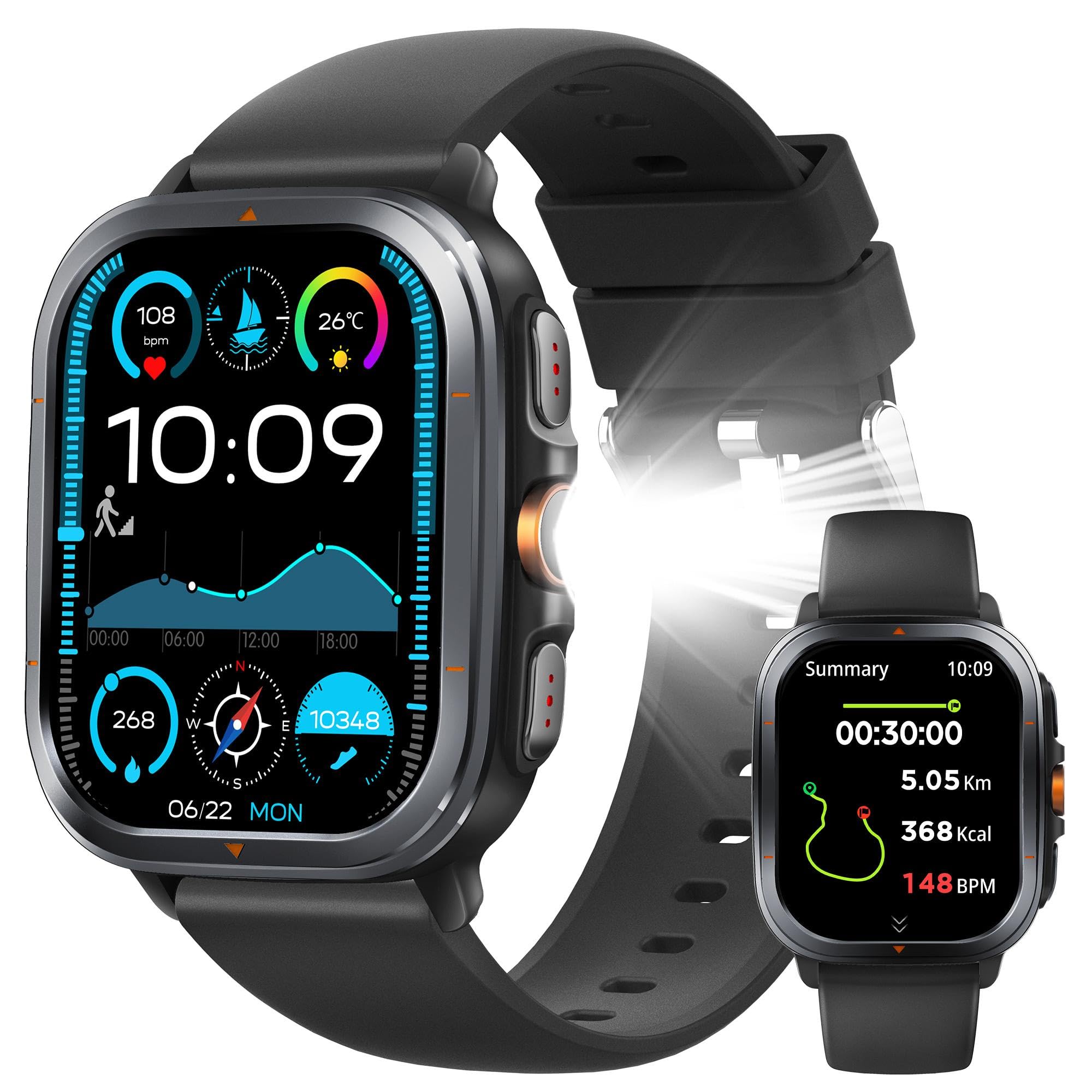 Smart Watch for Men Women, 2.01" AMOLED Fitness Tracker with Flashlight, Built-in GPS & Compass, Heart Rate/SpO2/Blood Pressure/Sleep/Stress Monitoring, 128 Sports Modes, IP68 Waterproof (Black)