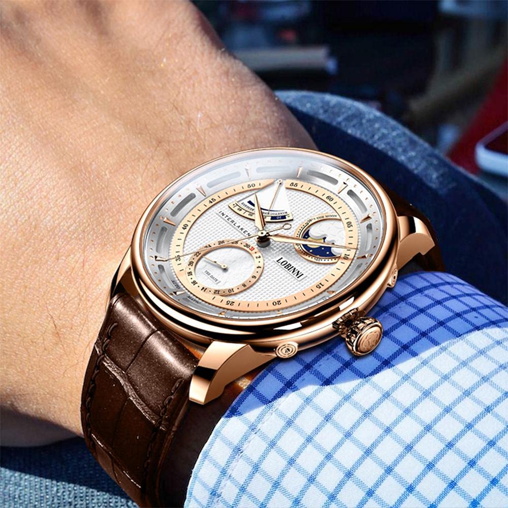 LOBINNI Orologio da polso da uomo, con fasi lunari, meccanico, automatico, impermeabile, alla moda, lussuoso, per uomo