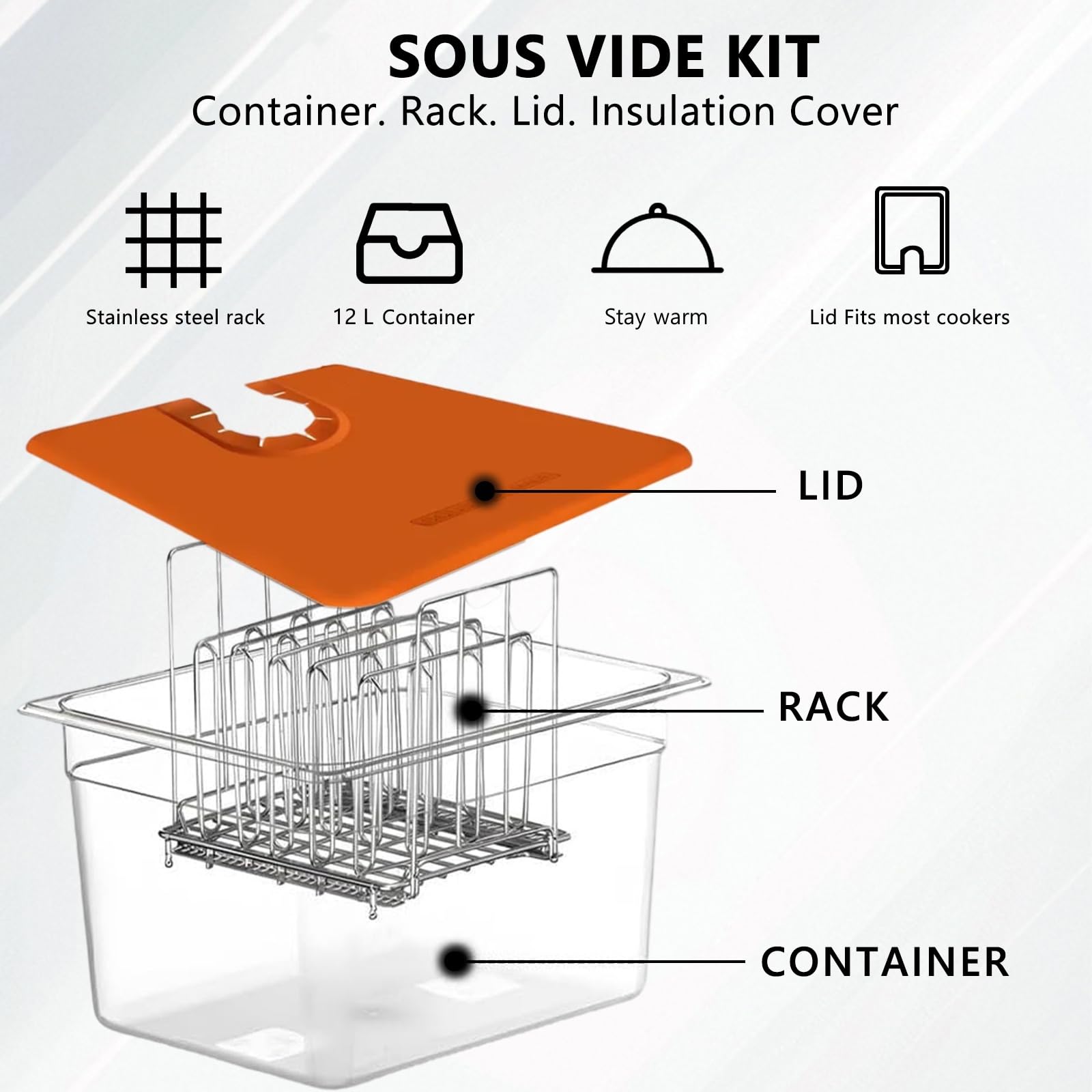 Récipient Sous Vide 12L, Récipient de cuisson sous vide avec couvercle, Couverture Isolante et Grille, pour Cuiseur Sous Vide, Adapté au Poisson, à la Viande et Aux Légumes (sans BPA)