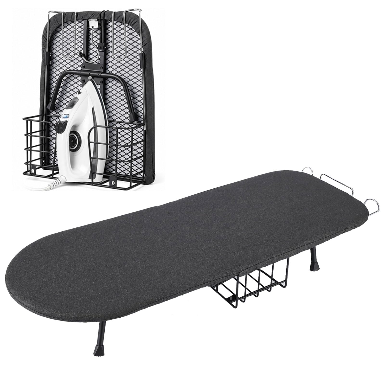 Tabla de Planchar Plegable con Soporte para Plancha para Viajes en el Hogar | Tabla de Planchar Plegable Pequeña de Mesa con Patas Antideslizantes,Gancho,Funda Resistente al Calor,Ahorra Espacio,77x31cm