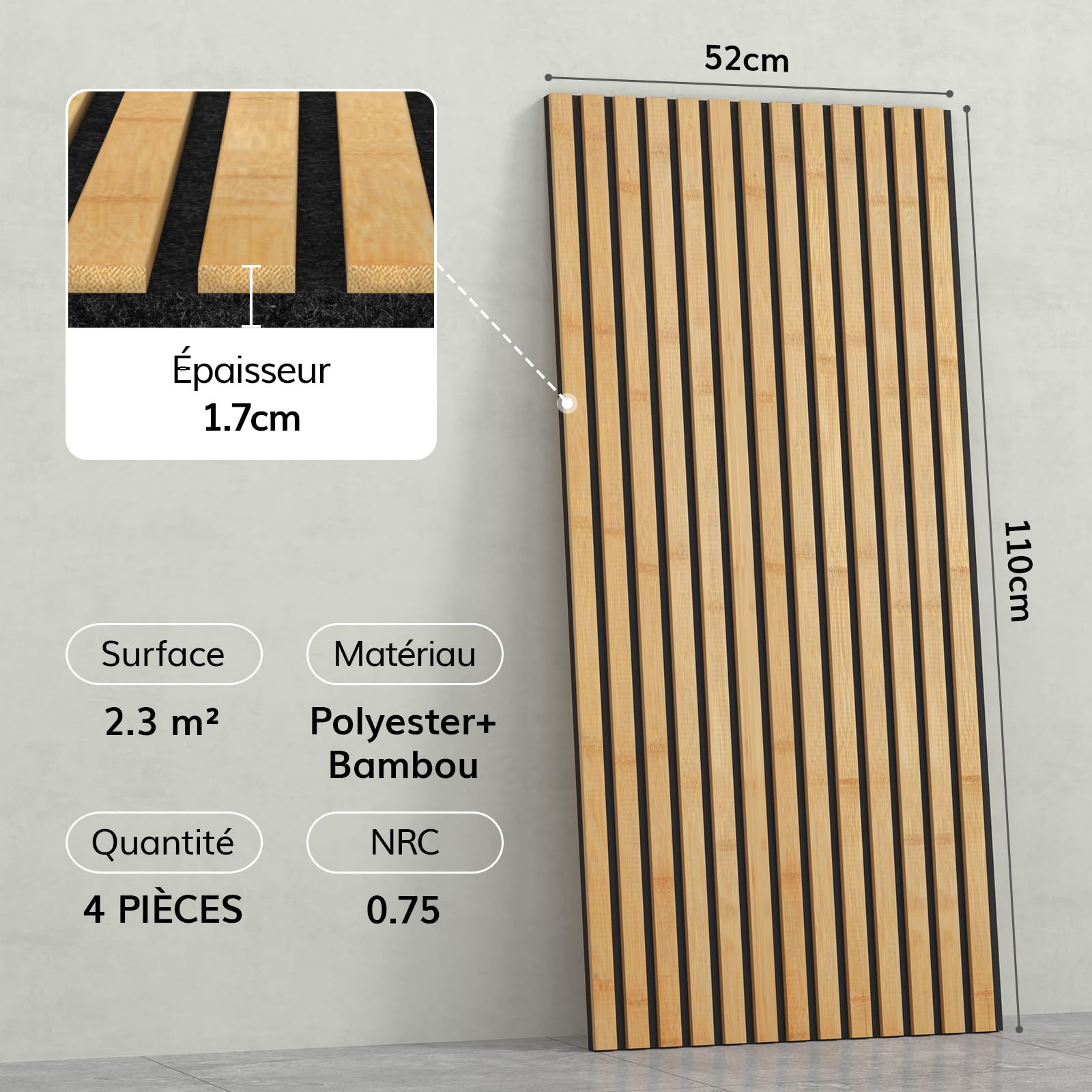 TONOR Lot de 4 Panneau Acoustique en Bambou Pour Murs, 110x52x1,7cm Panneaux Insonorisants à Lattes EntièRement Autocollants, Panneaux Insonorisants pour Murs TV, DéCoration IntéRieure, Maison, Portes