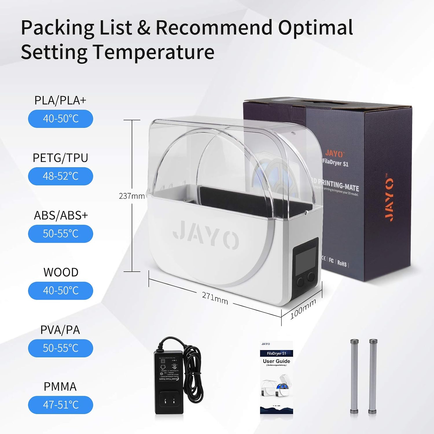 Filament Dryer Box, JAYO S1 Dry Box for 3D Printer Filament Storage, Keeping Filaments Dry, Dehydrator Stroage Box for Filament 1.75, 2.85, 3.00mm, Compatible with PLA PETG ABS TPU Filaments, White