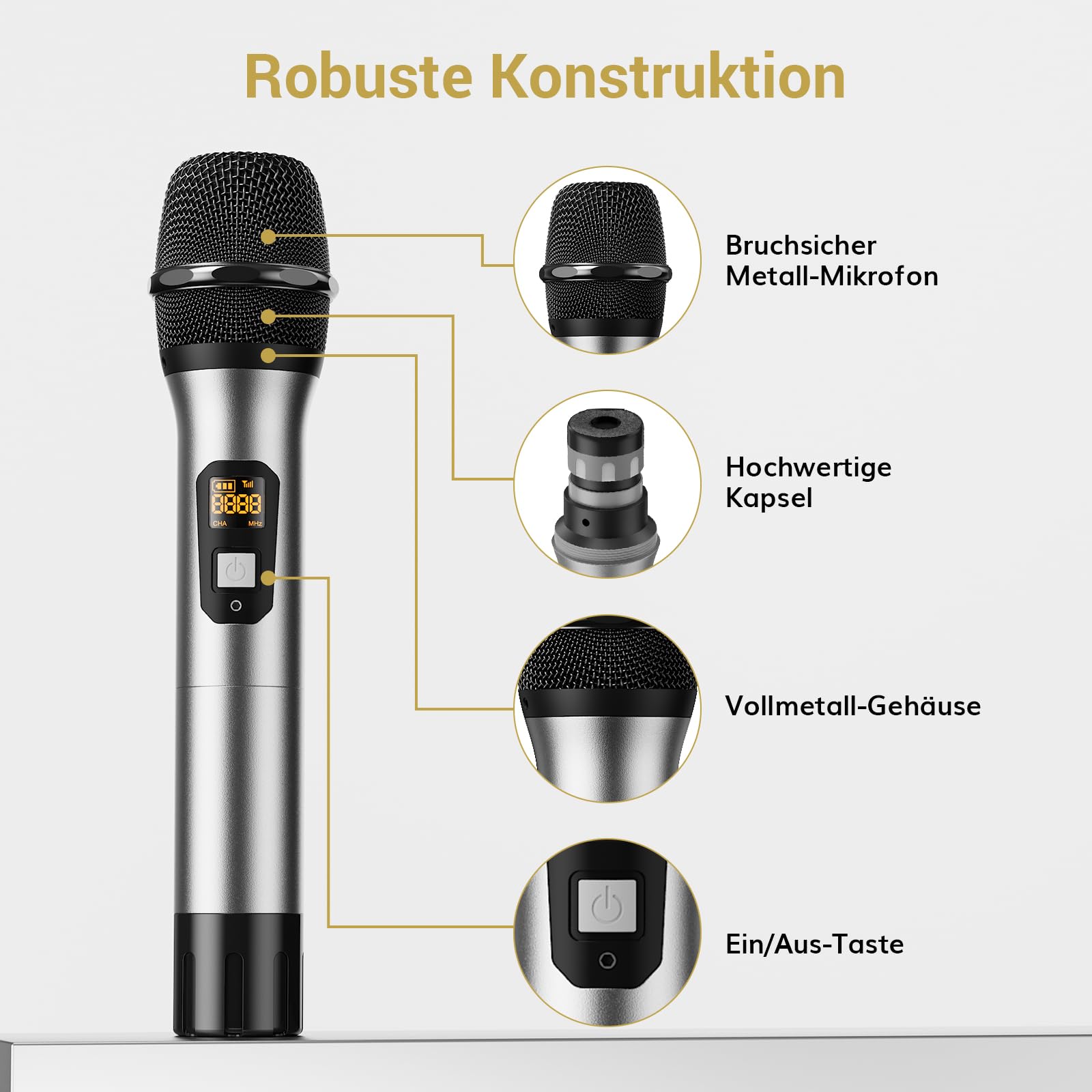 TONOR UHF Funkmikrofon Set, professionelles dynamisches Drahtlos-Doppelmikrofonsystem mit 2 Handmikrofonen, Karaoke-Set für Party, DJ, Kirche & Hochzeit, bis zu 60 m Reichweite, TW820, Silber