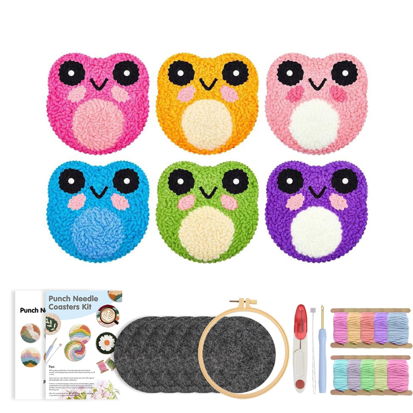 1set Colorful Animal Punch Needle Embroidery Kit With Coasters Mixed Colors For Beginners for DIY(Color6)