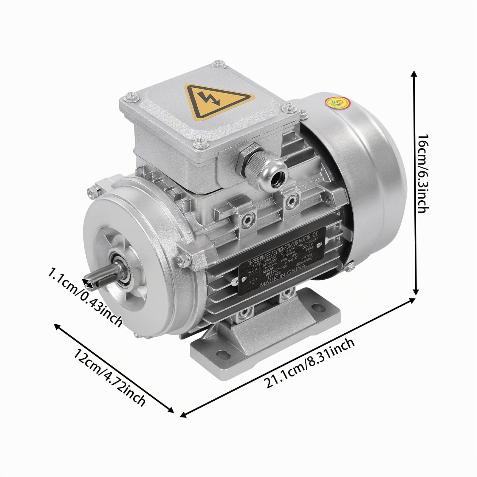 Motor asíncrono trifásico 0,37 kW, 1330 rpm, 230/400 V, motor trifásico B3, diámetro del eje 11 mm, motor industrial eléctrico para maquinaria industrial, minería, 21,1 x 12 x 16 cm