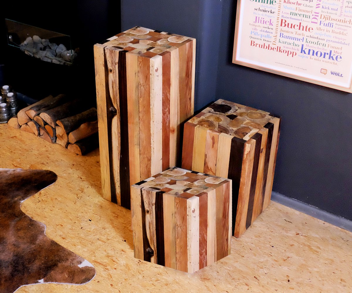 Tavolino di design in legno di derivazione – solido, naturale, rustico e senza trattamento chimico – Tavolo molto robusto e utilizzabile anche come sgabello in legno massello Elegante