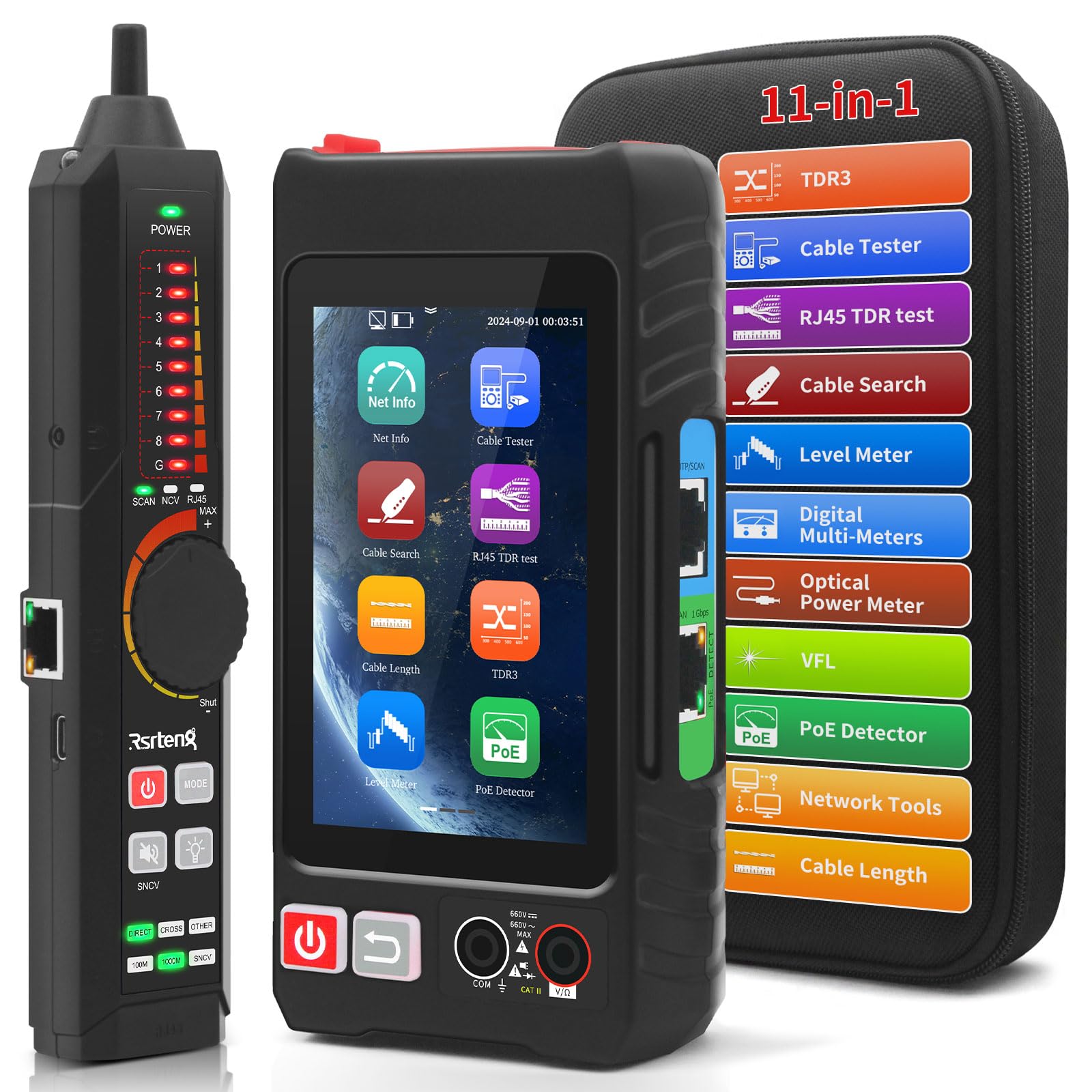 All Features Multifunction Network Caber Tester,UTP Continuity,Cable Tracer,4" IPS Touch Screen Network Tester Support TDR,DMM,OPM,Level Meter,Network Tools,POE++ Detect,RJ45 TDR,Length,FTP,NCV
