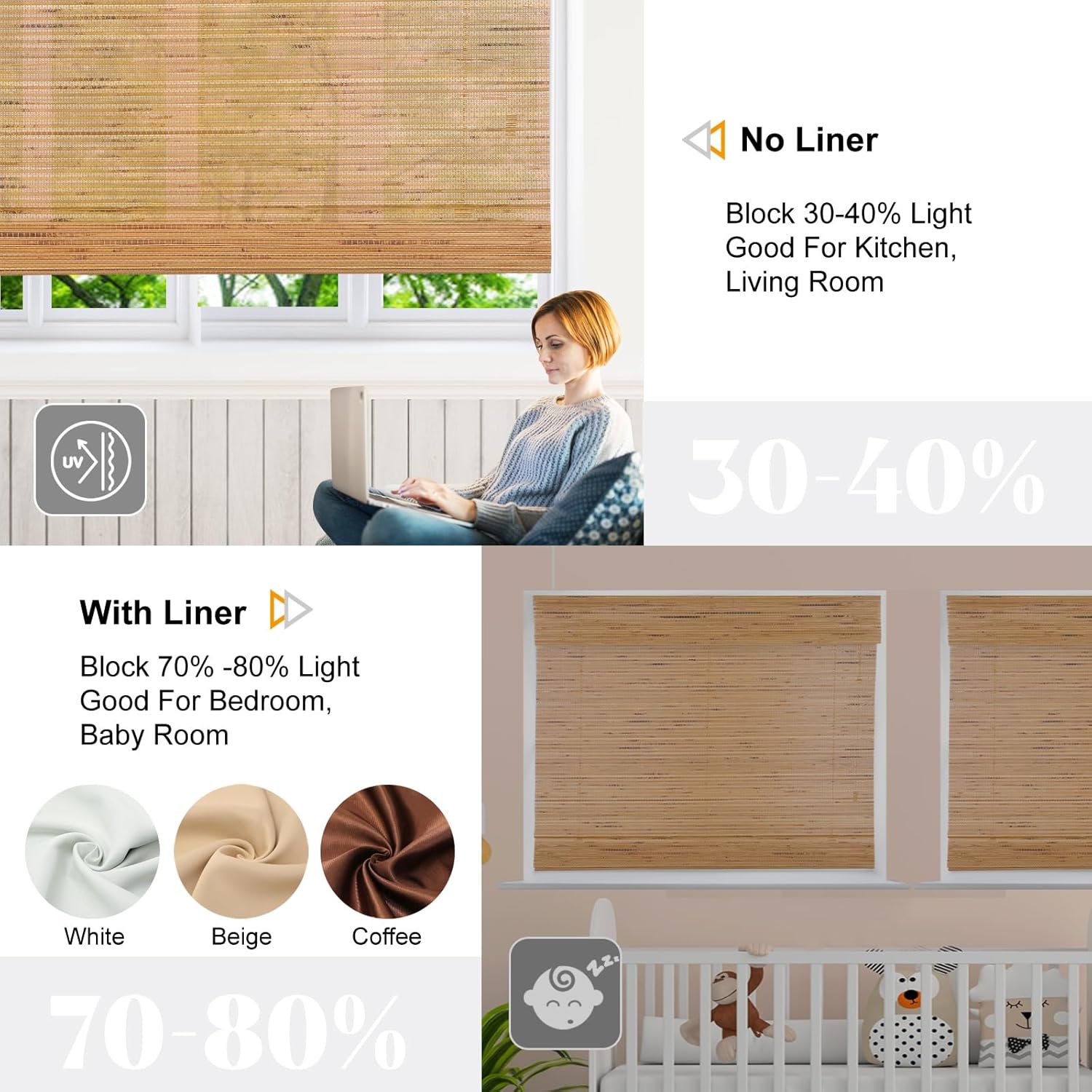 Artdix Bamboo Roman Shades, Walnut Cordless Custom Blackout Room Darkening Woven Wood Shades, Bamboo Window Shades for Indoor Windows