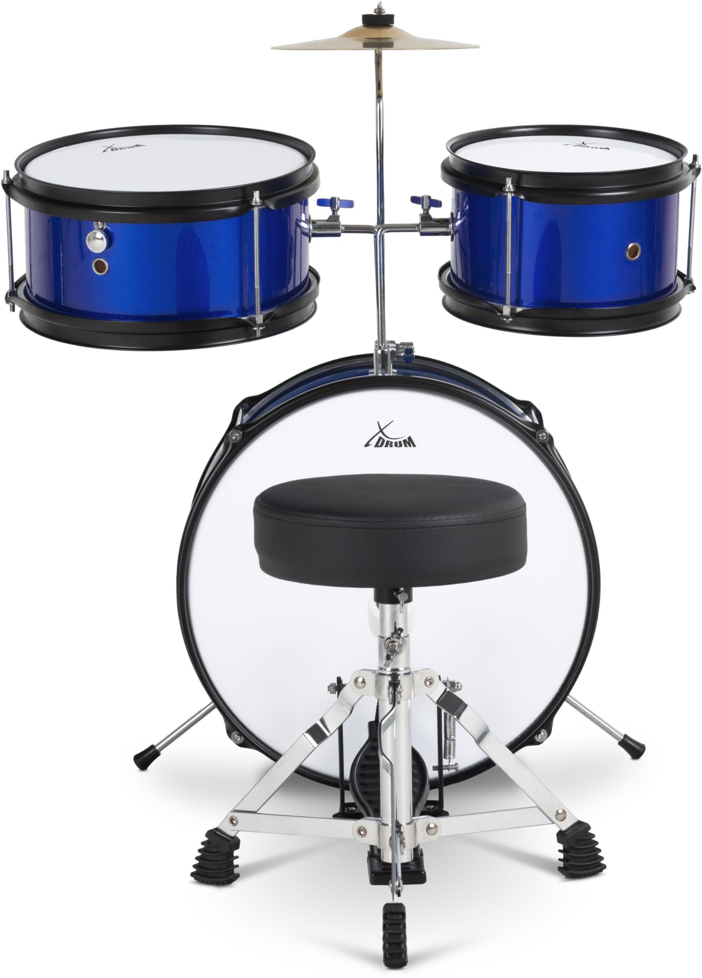 XDrum Junior KIDS Schlagzeug inkl. Schule - Kompaktes Kinderschlagzeug - Für Kinder im Alter von 3-5 Jahren - Kinderleichter Aufbau - Mit Schule, Hocker, Drumsticks & Stimmschlüssel - Blau