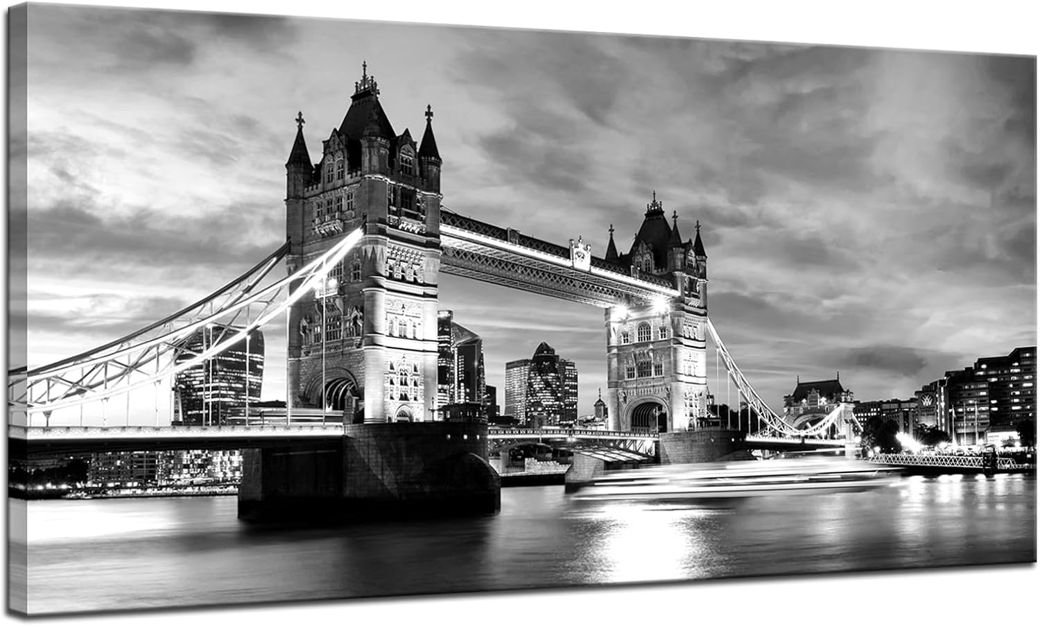 KLVOS Black White London Tower Bridge Canvas Wall Art England Cityscape Painting UK Pictures Modern Artwork Home Decor for Living Room Giclee Wooden Framed Stretched Ready to Hang 24x48 inch