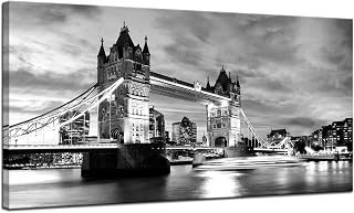 KLVOS Black White London Tower Bridge Canvas Wall Art England Cityscape Painting UK Pictures Modern Artwork Home Decor for Living Room Giclee Wooden Framed Stretched Ready to Hang 24x48 inch