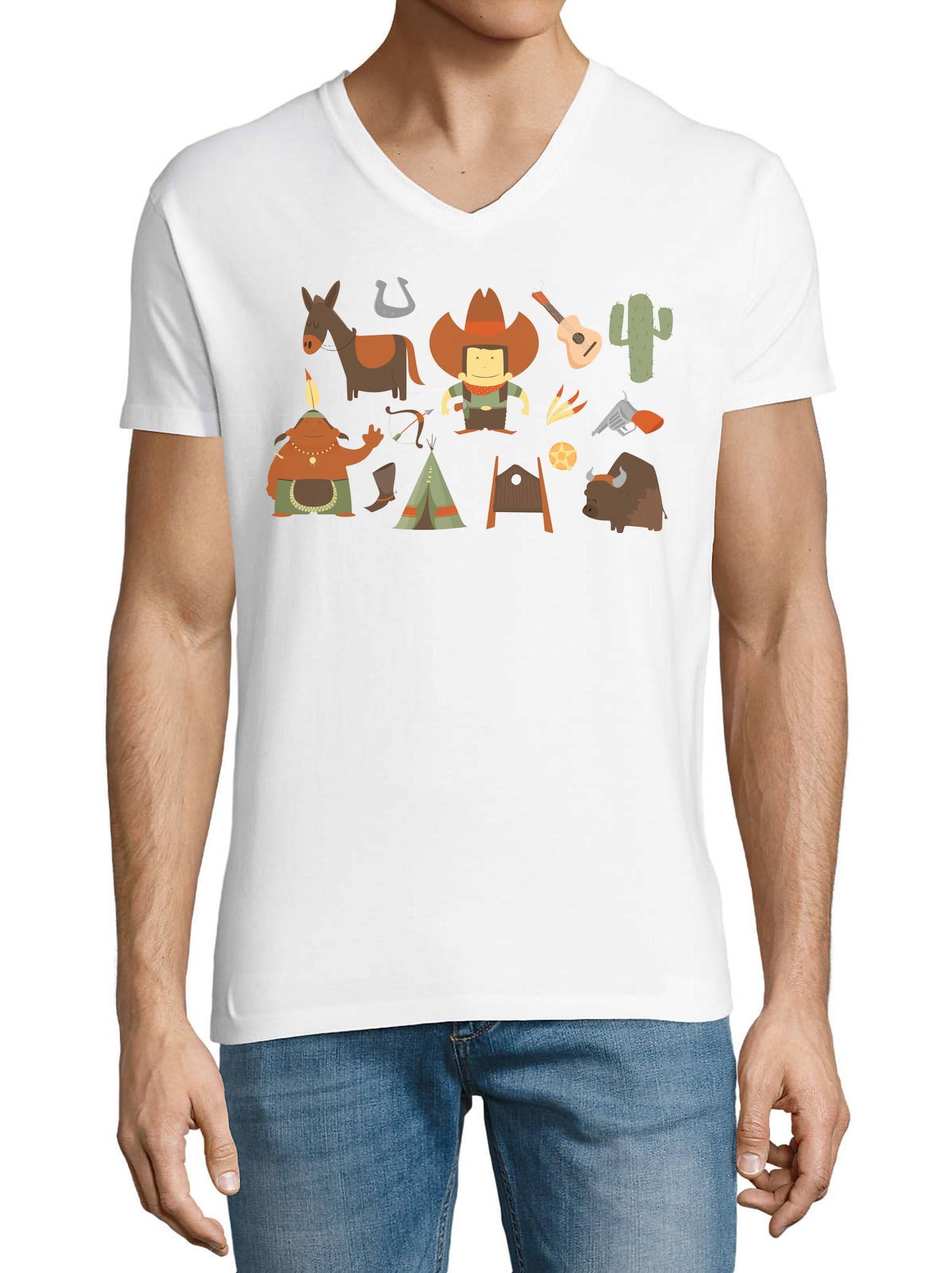 T-shirt col en V en coton blanc pour homme style Cowboy Western taille L - 2