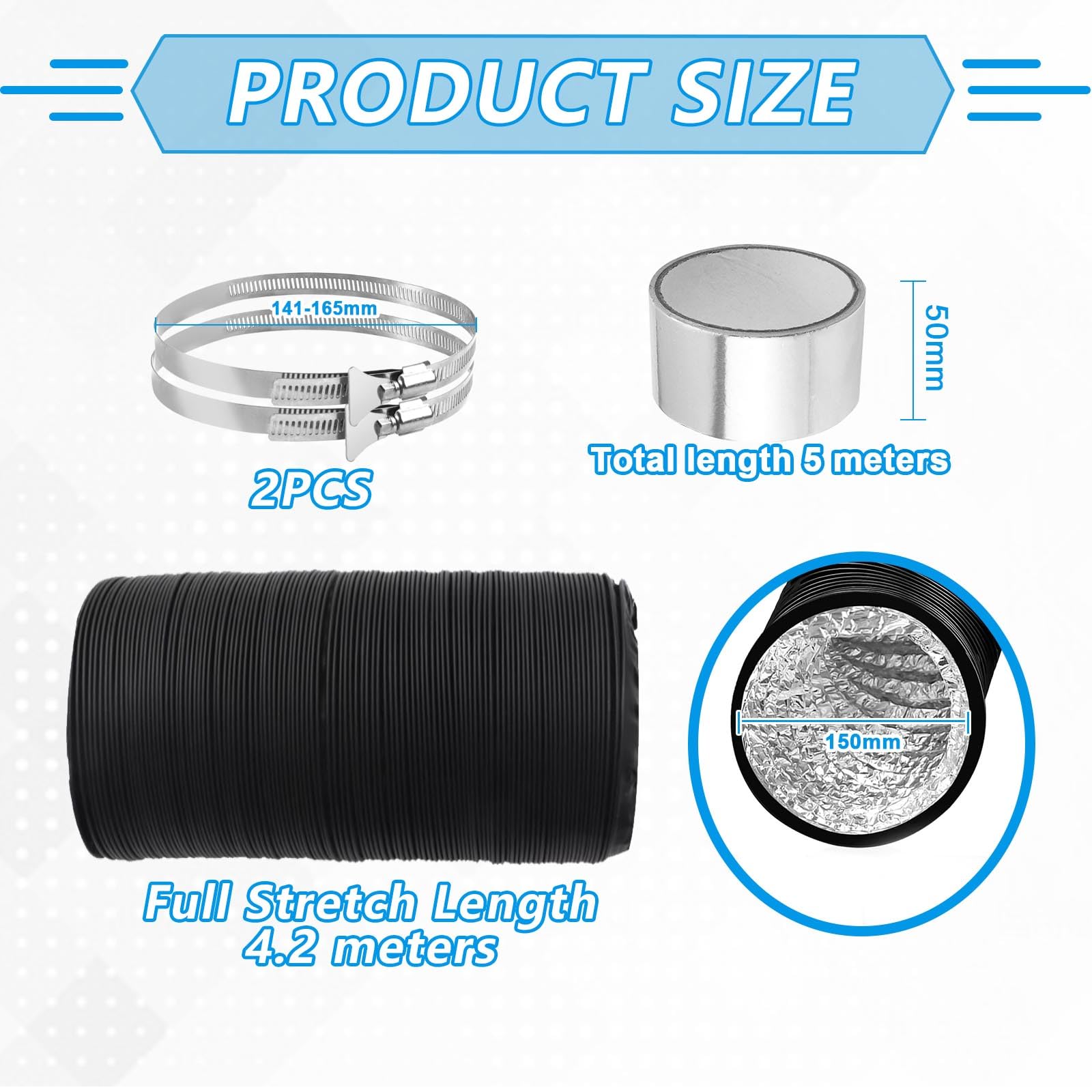 150mm Tumble Dryer Vent Hose 4.2m Long PVC Aluminium Flexible Ducting Hose with 2 Clamps,1 Volume Tape Black Air Ducting Vent for Air Conditioner HVAC Ventilation - Image 2