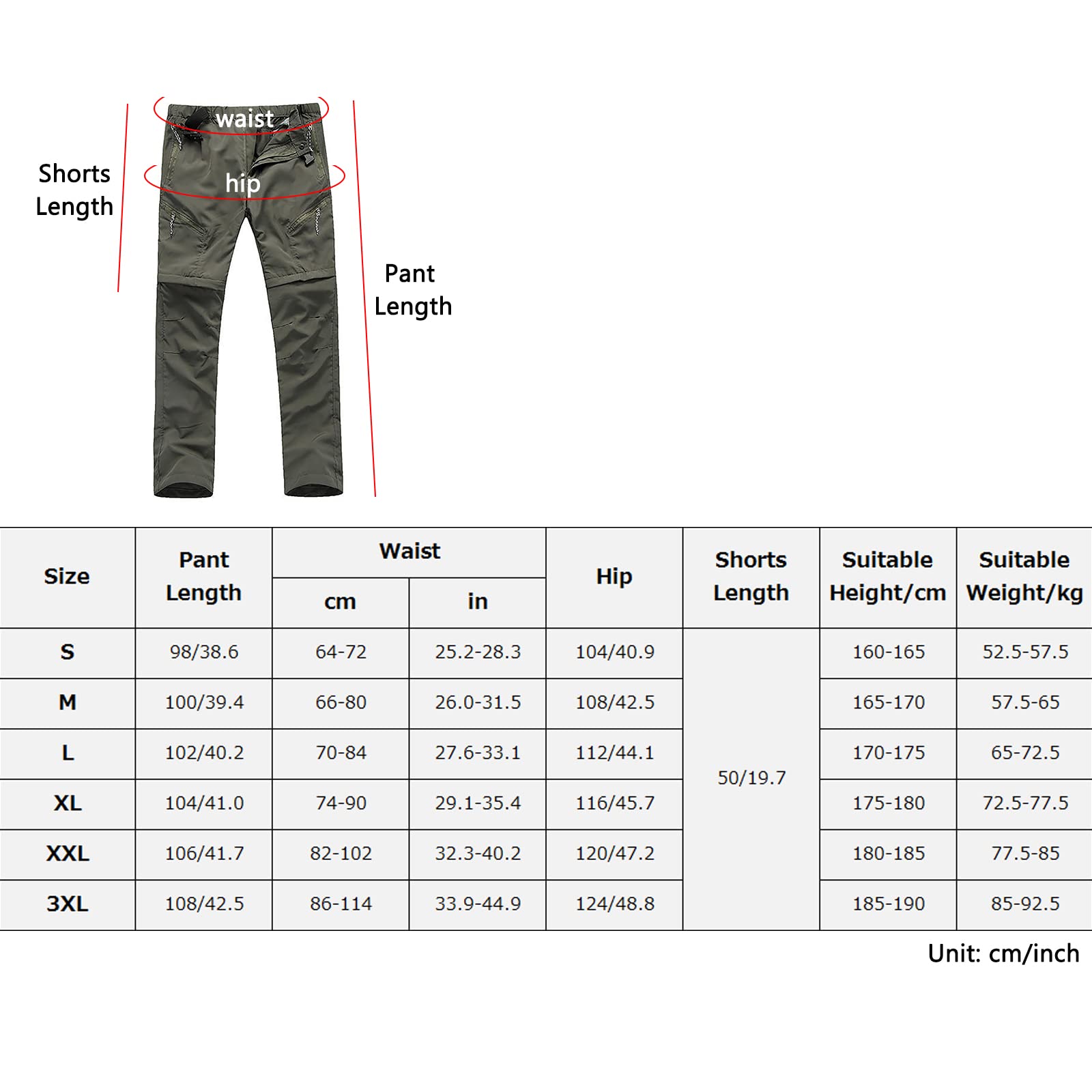 Pantalones de Trekking Hombres Secado Rápido Convertible Pantalón Senderismo Transpirable(Size:yo,Color:Negro)
